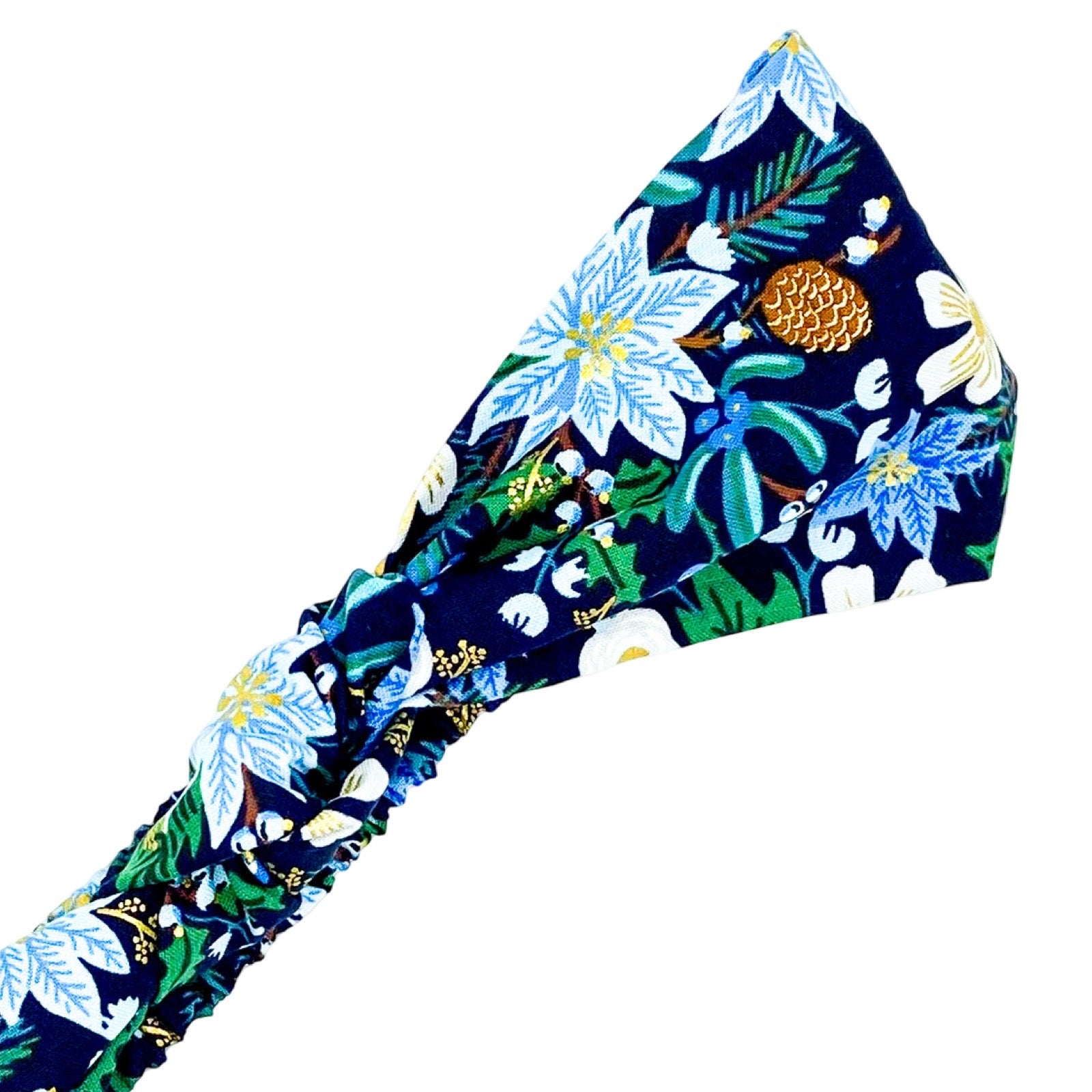 Handmade poinsettia patterned, floral and festive top knotted Alice band.