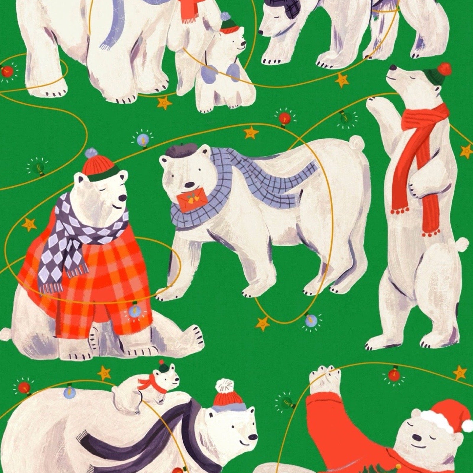 Pattern of polar bears in winter clothing on a green background.