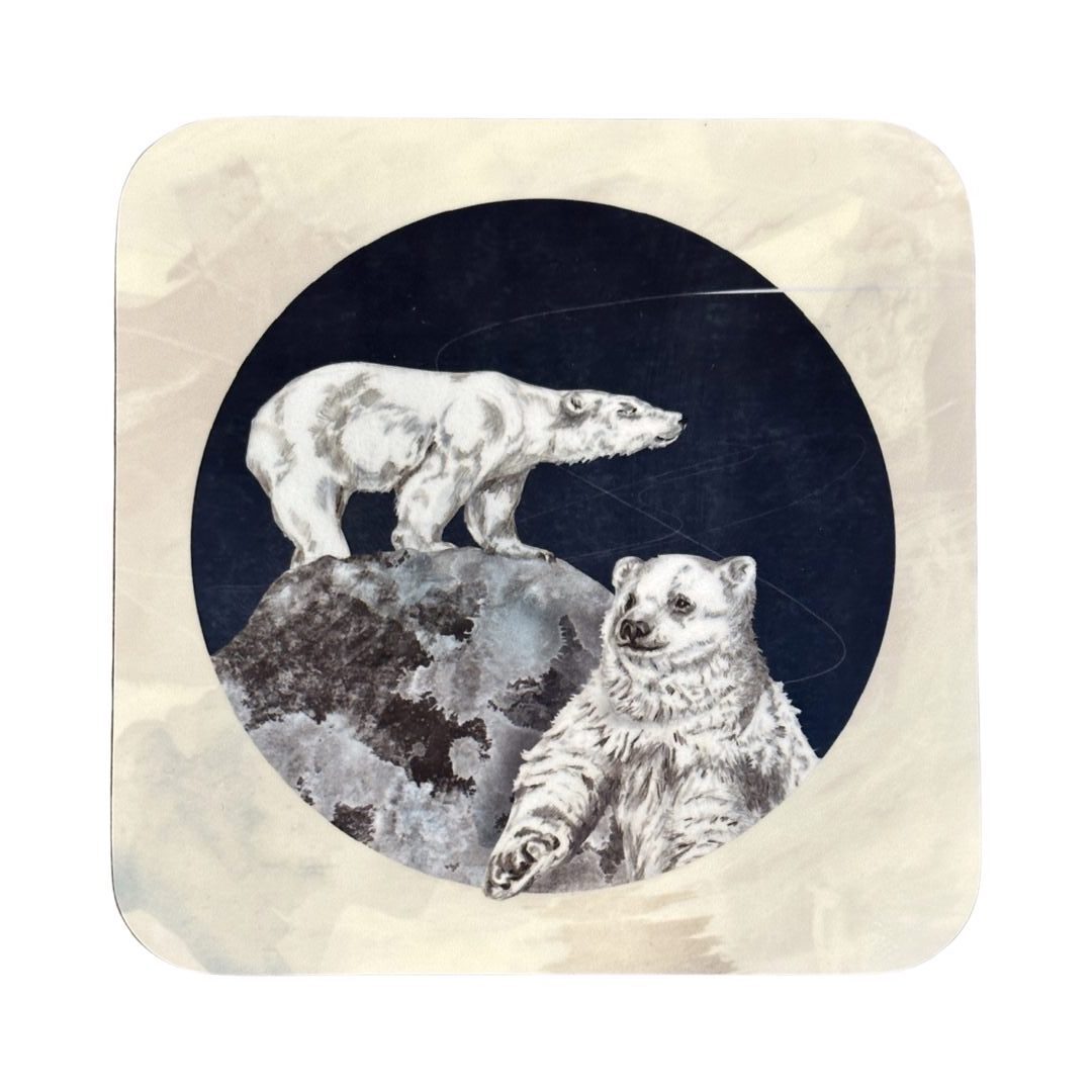 A coaster featuring an illustration of two polar bears, one standing in the foreground and the other standing on a giant rock behind.