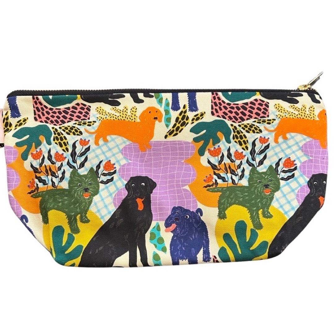 Large zip pouch in poochie fabric featuring black labradors, orange dachshunds and green scottie dogs.