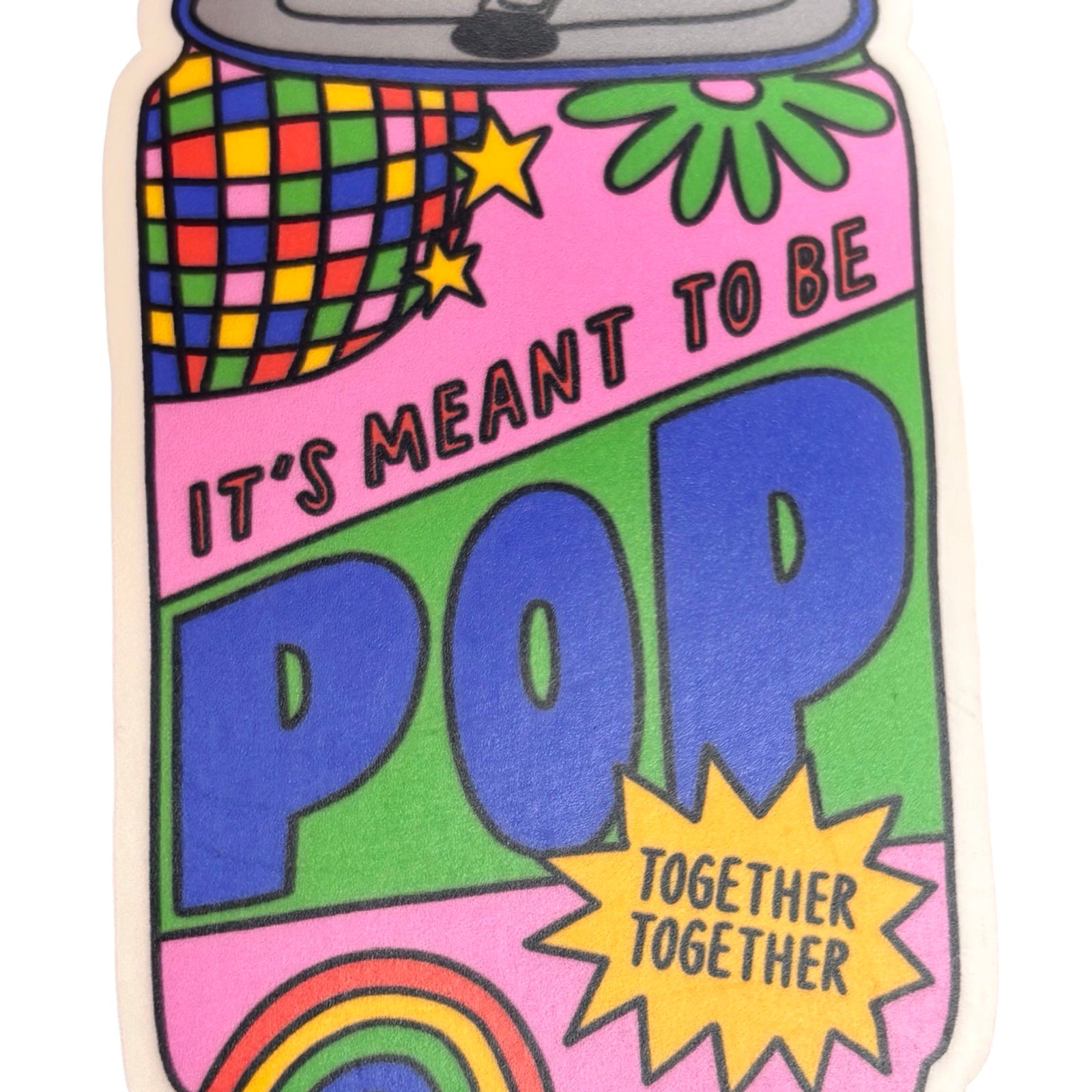 Colourful pop can-shaped sticker with text and graphics on a white background.