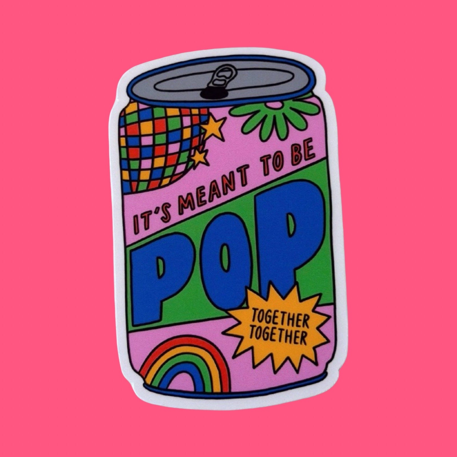 Colourful sticker of a pop can with text and graphics on a pink background.