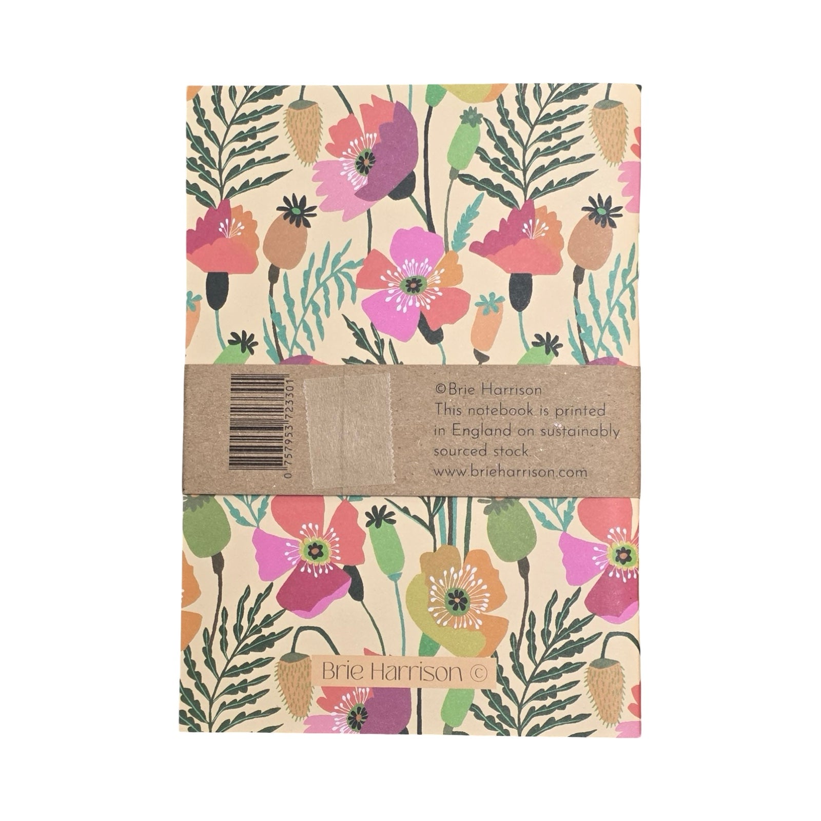 Floral patterned notebook with Brie Harrison branding on a white background.