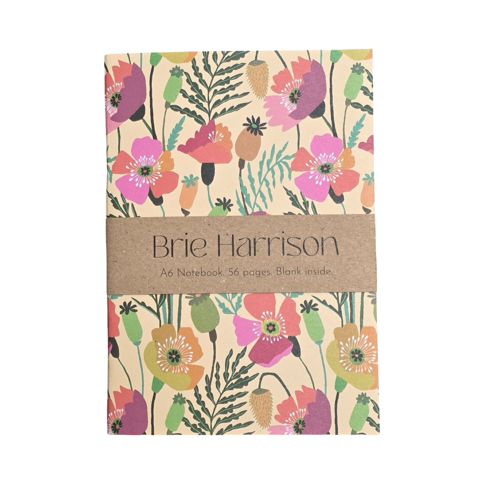Floral notebook with 'Brie Harrison' branding on a beige background.