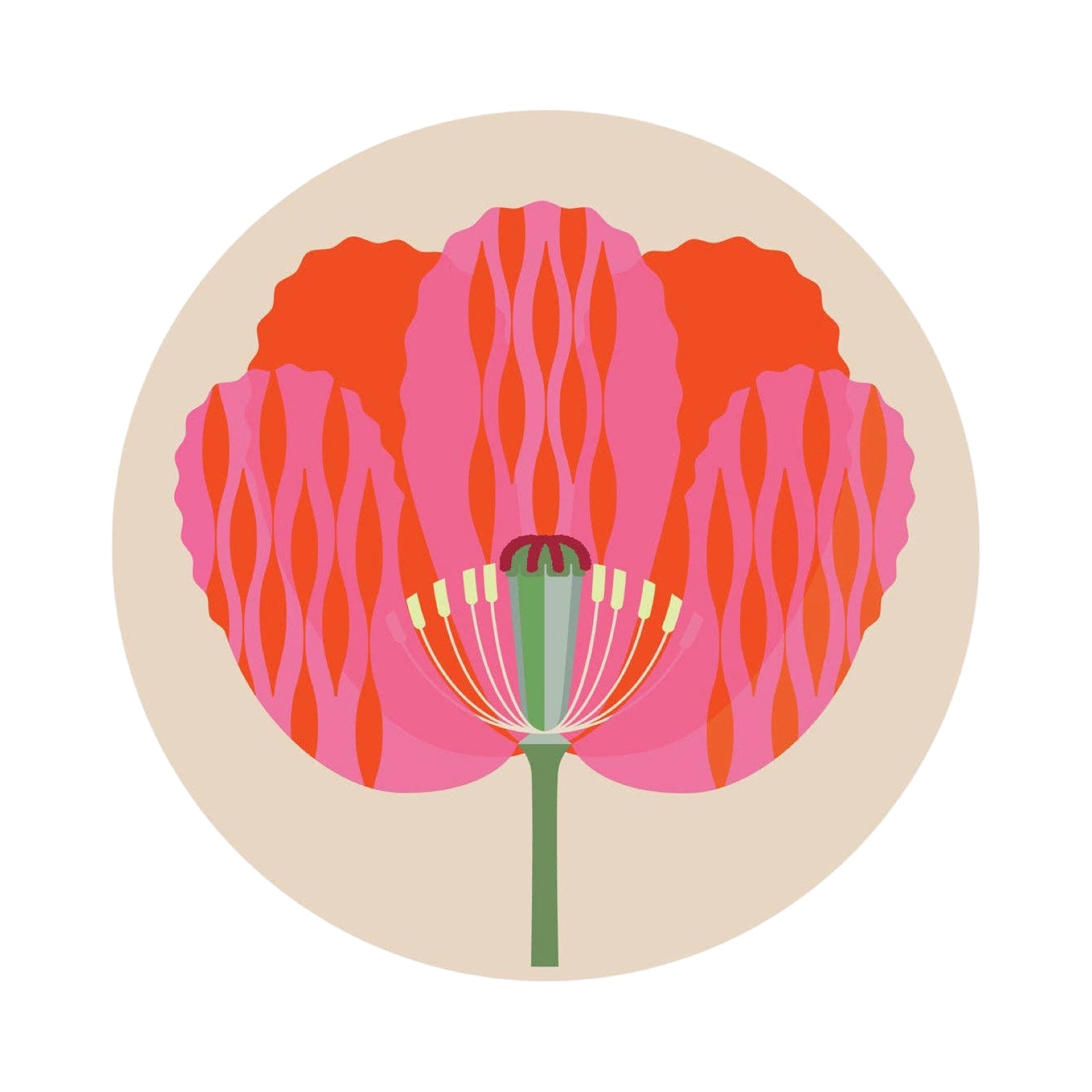 Round placemat with a pink and red floral pattern on a beige background.