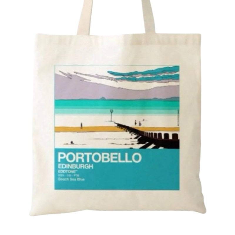 This tote bag features a square design of an illustration of Portobello Beach in Edinburgh. 