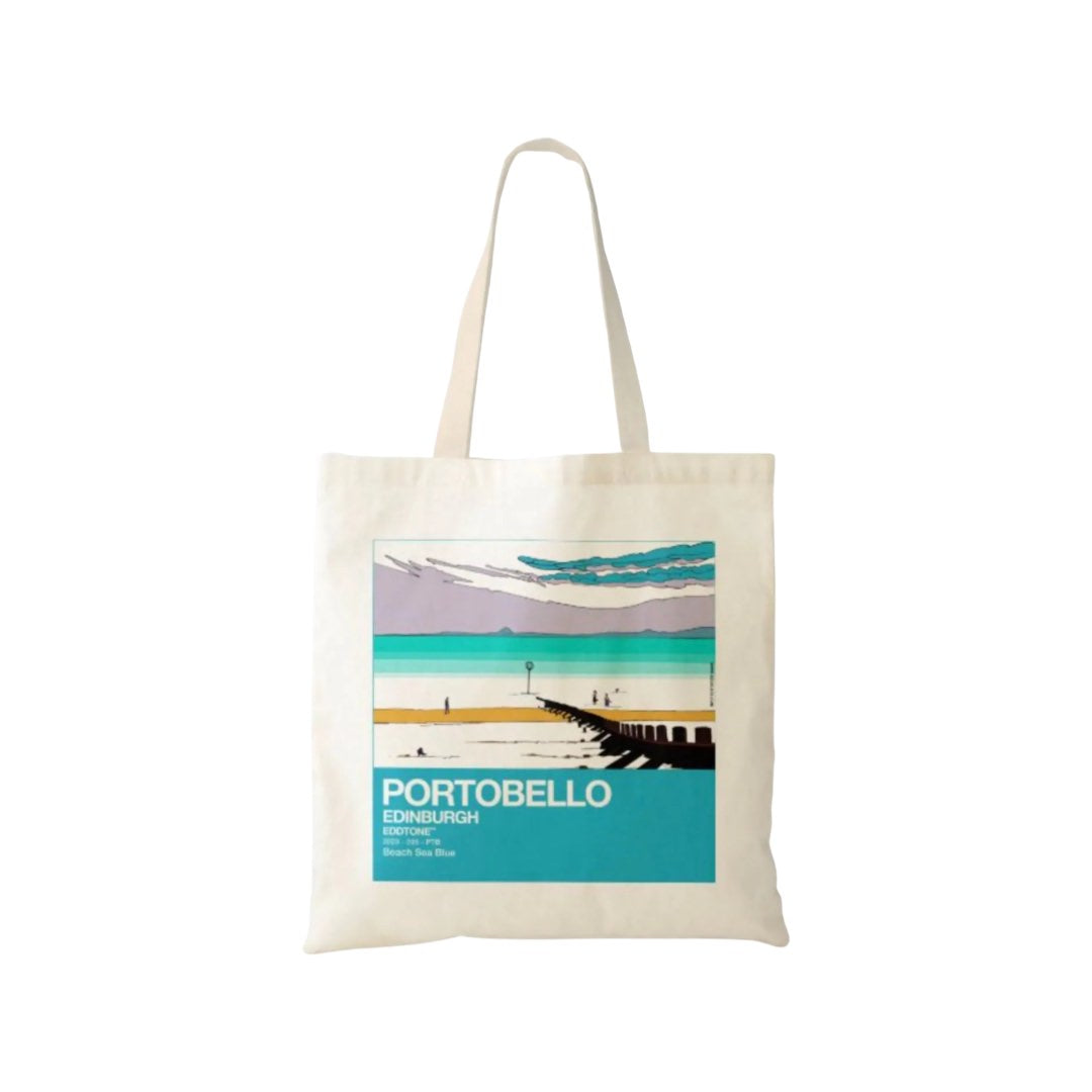 This tote bag features a square design of an illustration of Portobello Beach in Edinburgh. 