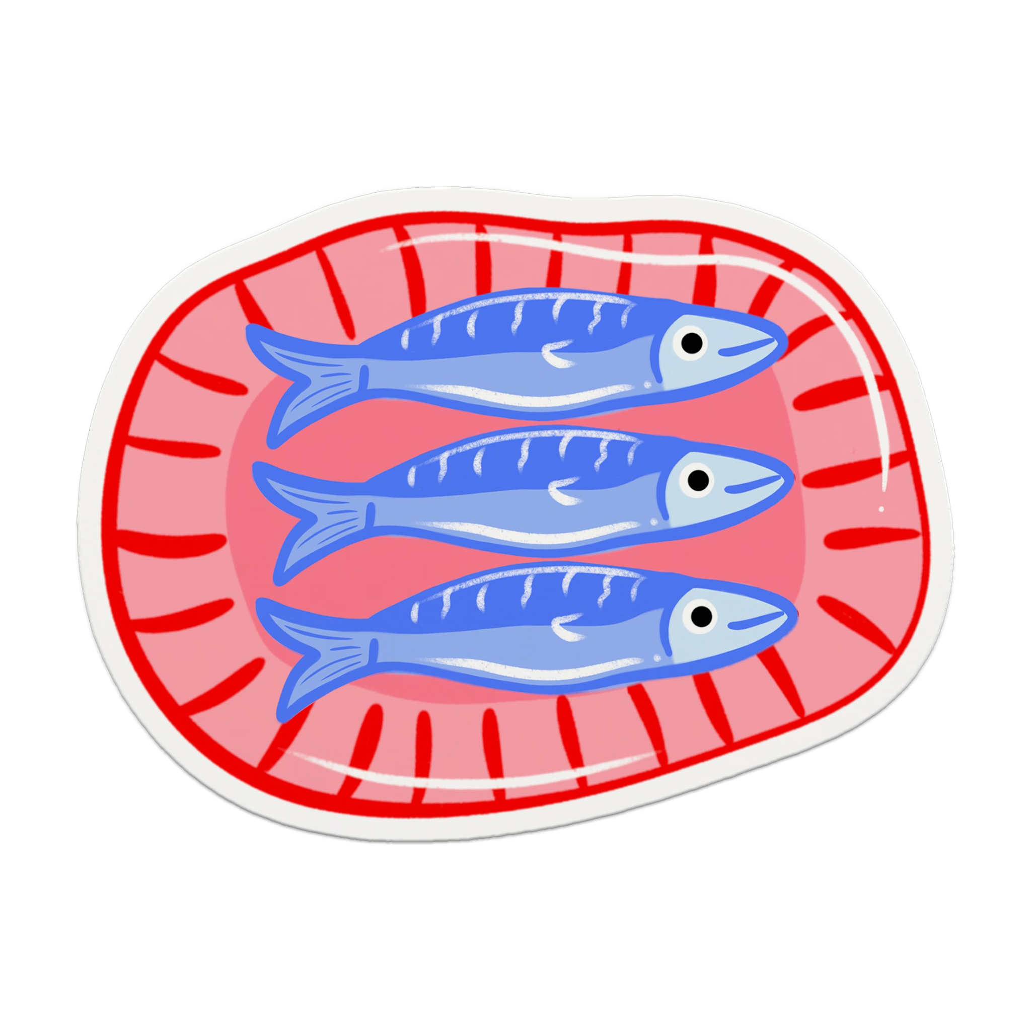 Decorative notecards with a plate with blue fish illustrations on a red and white striped background.