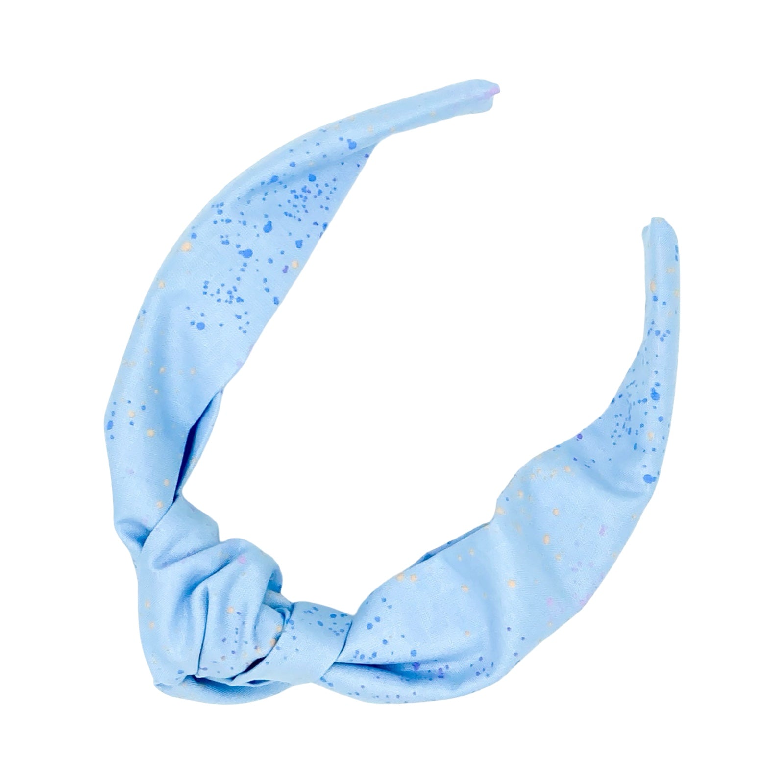 Powder blue top knot Alice band with metallic speckles.