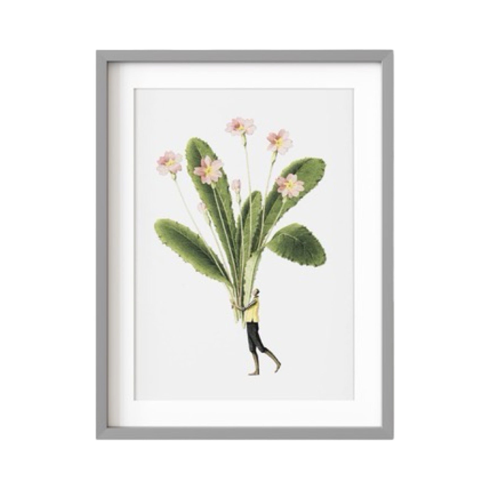 A print of a bunch of Primroses being held by a man dressed in dark trousers and a yellow top.