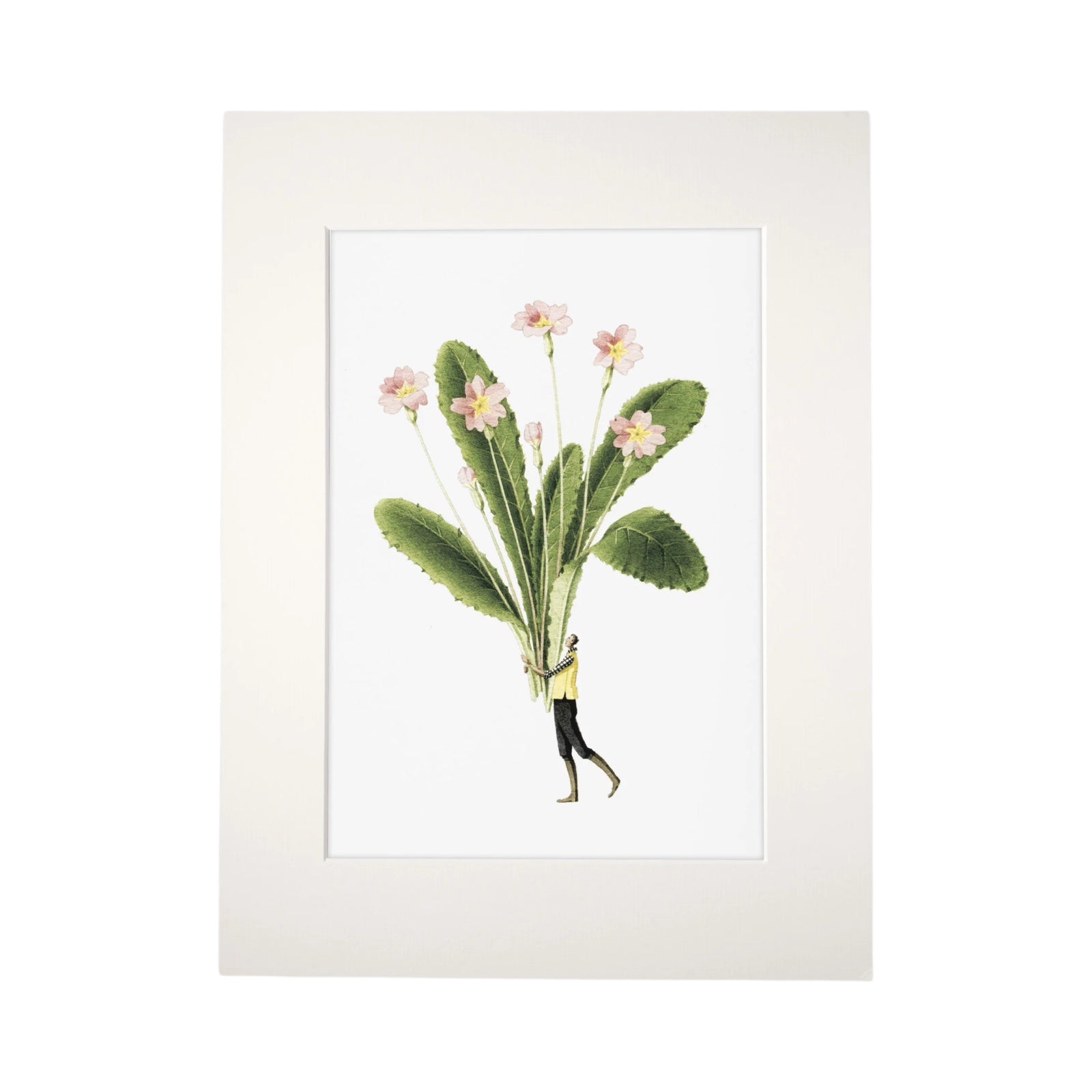 A print of a bunch of Primroses being held by a man dressed in dark trousers and a yellow top.