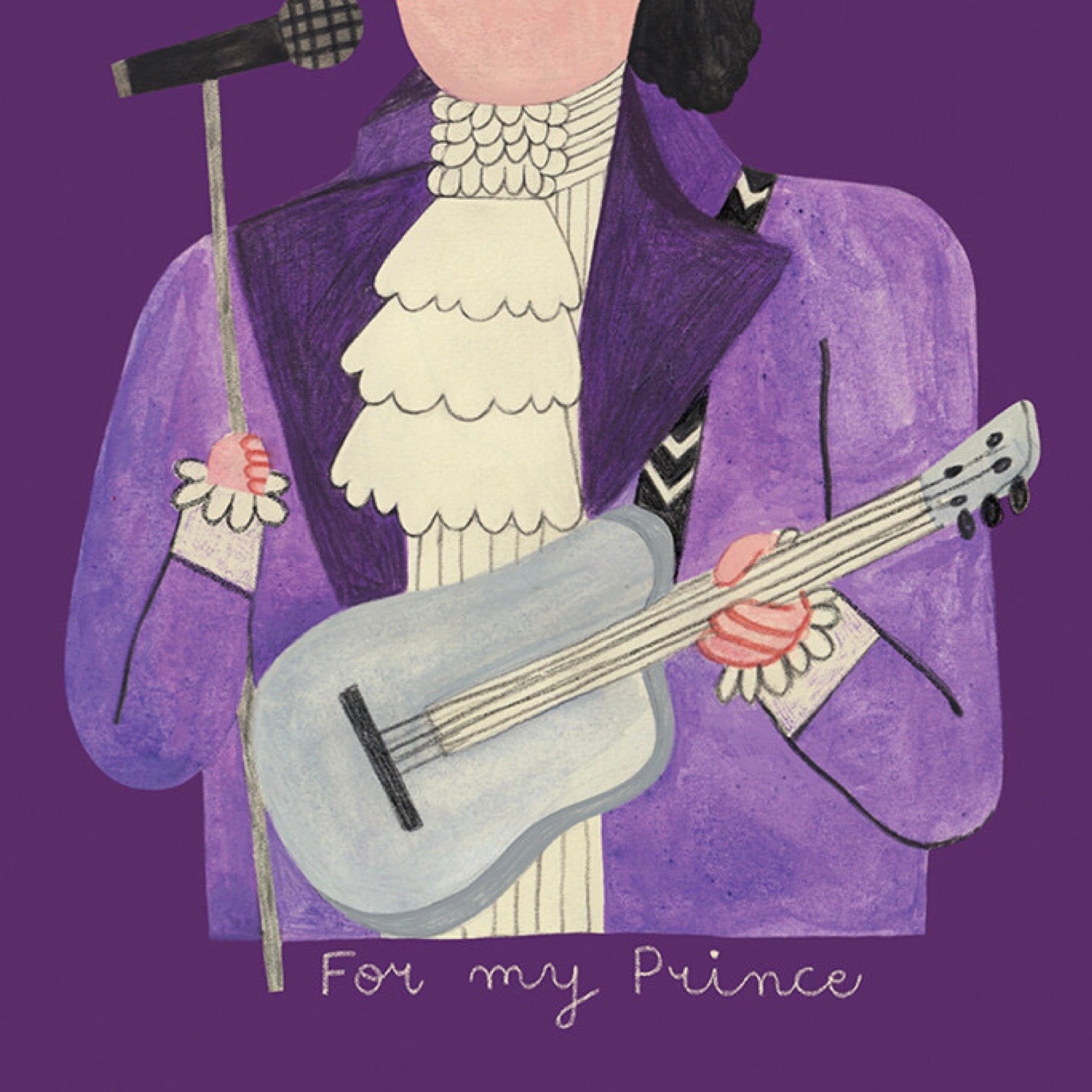 Illustration of a person in a purple suit holding a guitar and microphone on a purple background with 'For my Prince' text.