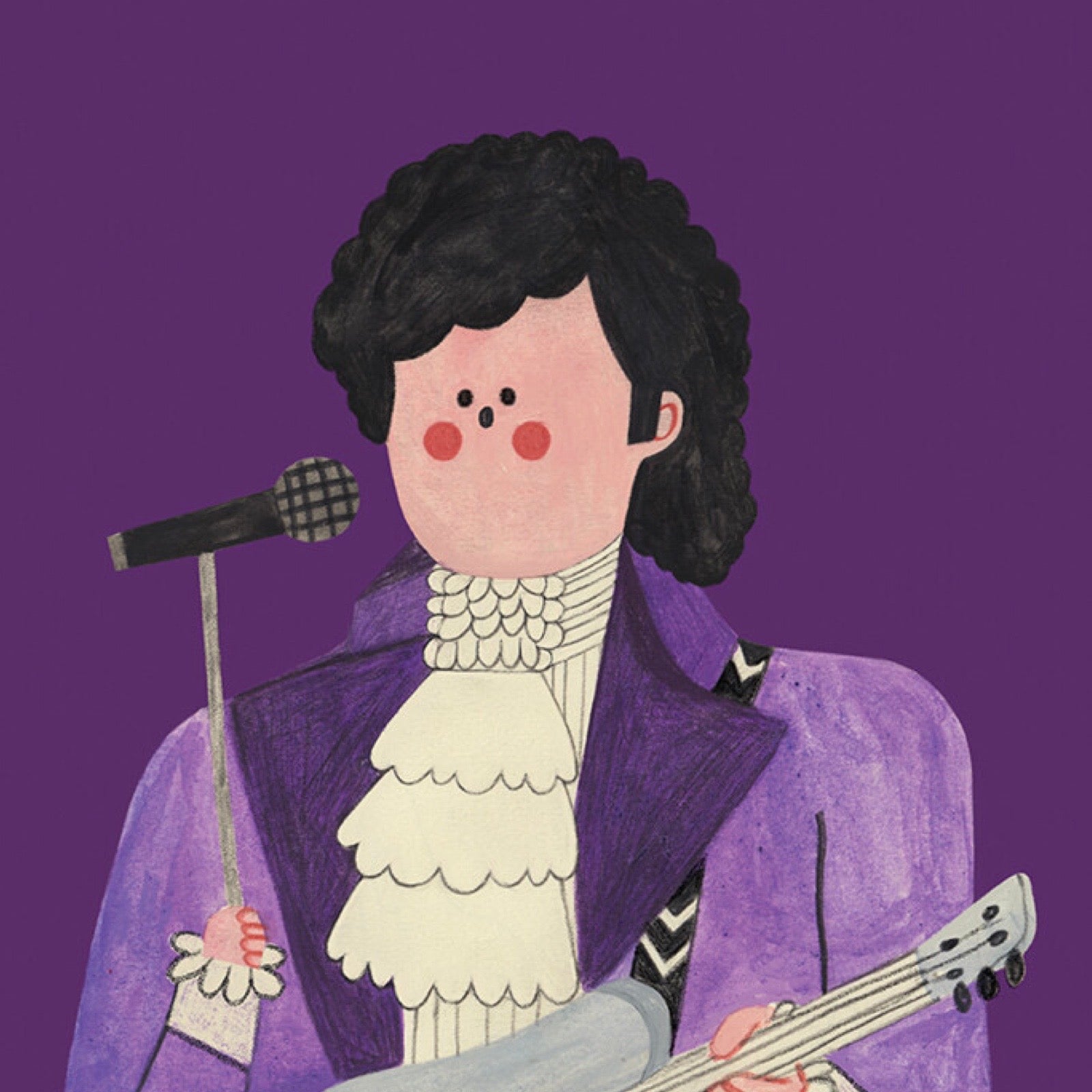 Illustration of Prince in a purple suit with a guitar and microphone on a purple background.