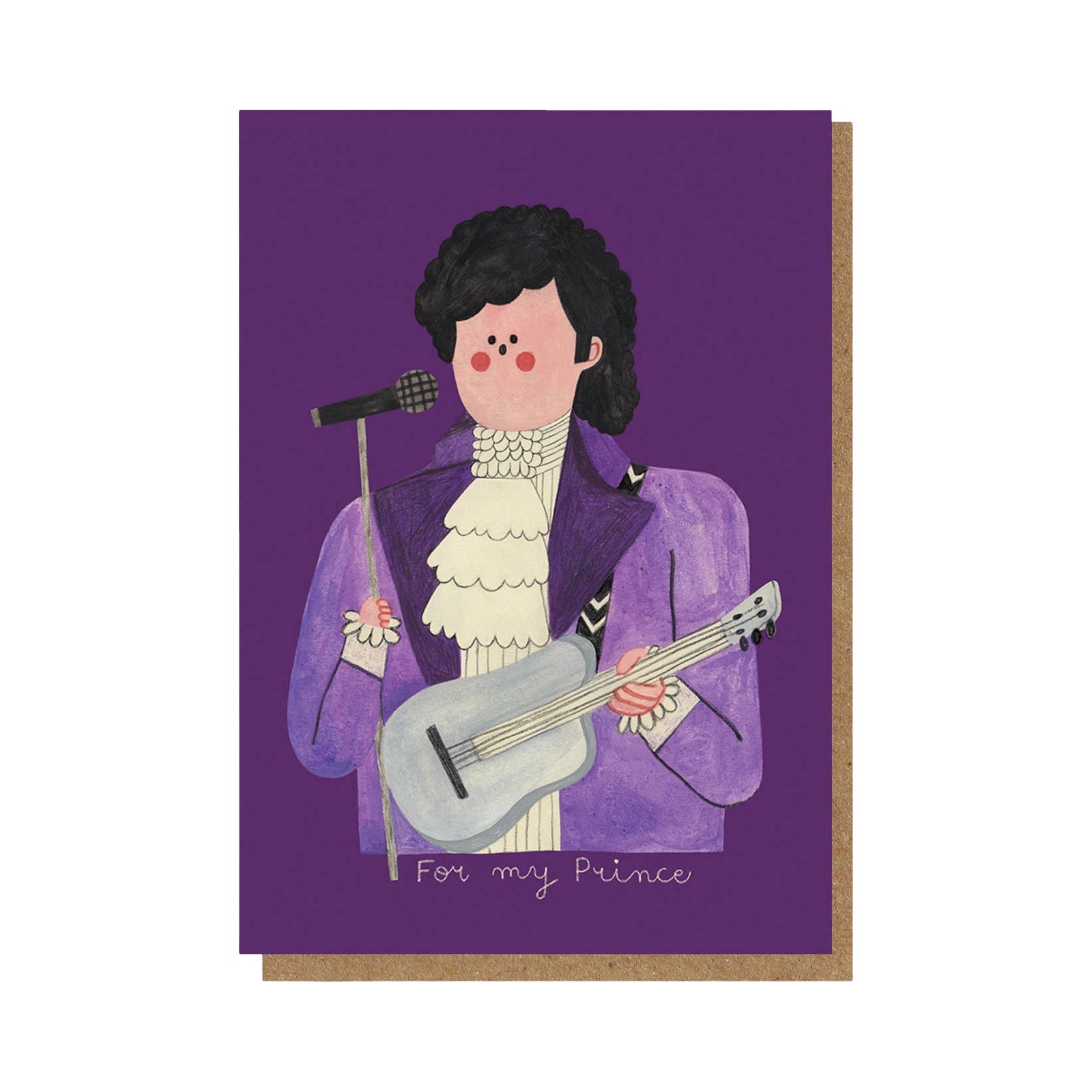 Card with illustration of Prince in a purple jacket holding a guitar on a purple background.