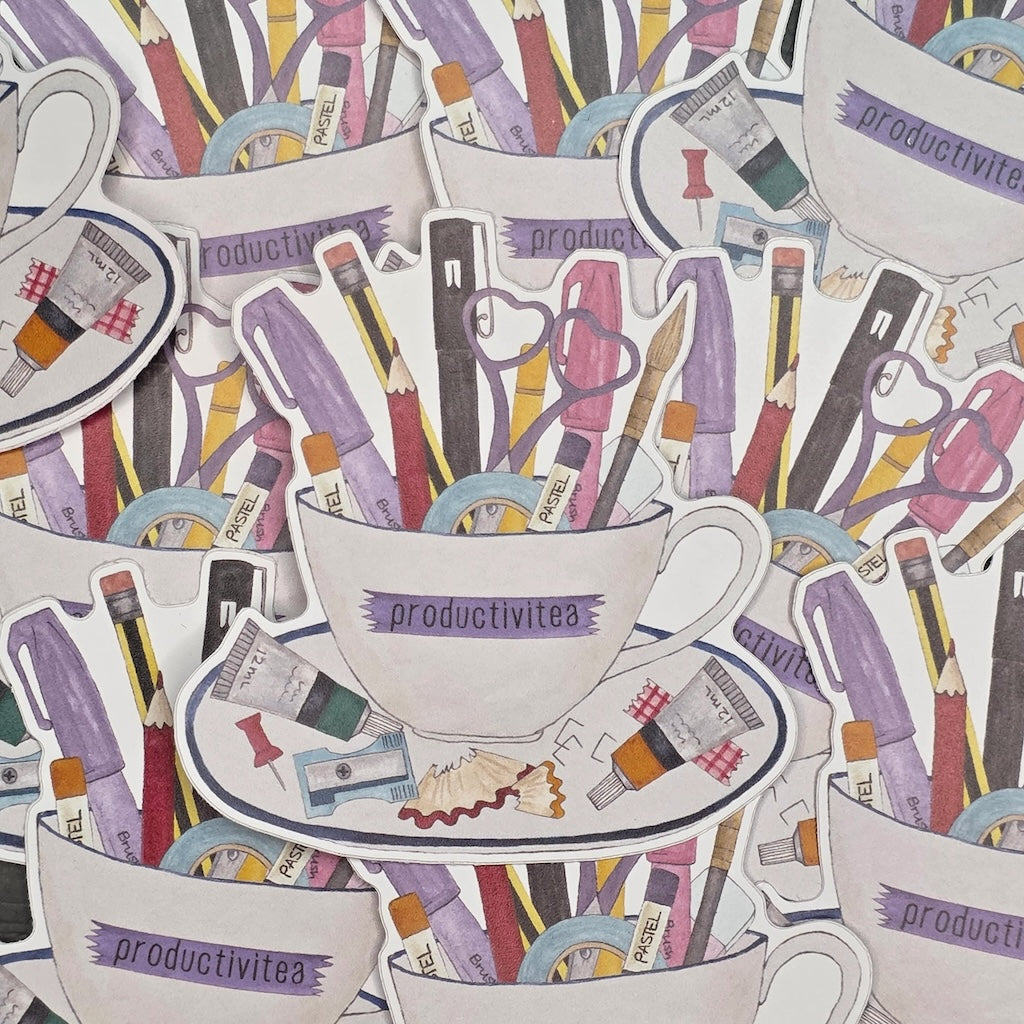 Illustration of a teacup filled with stationery items on a white background.