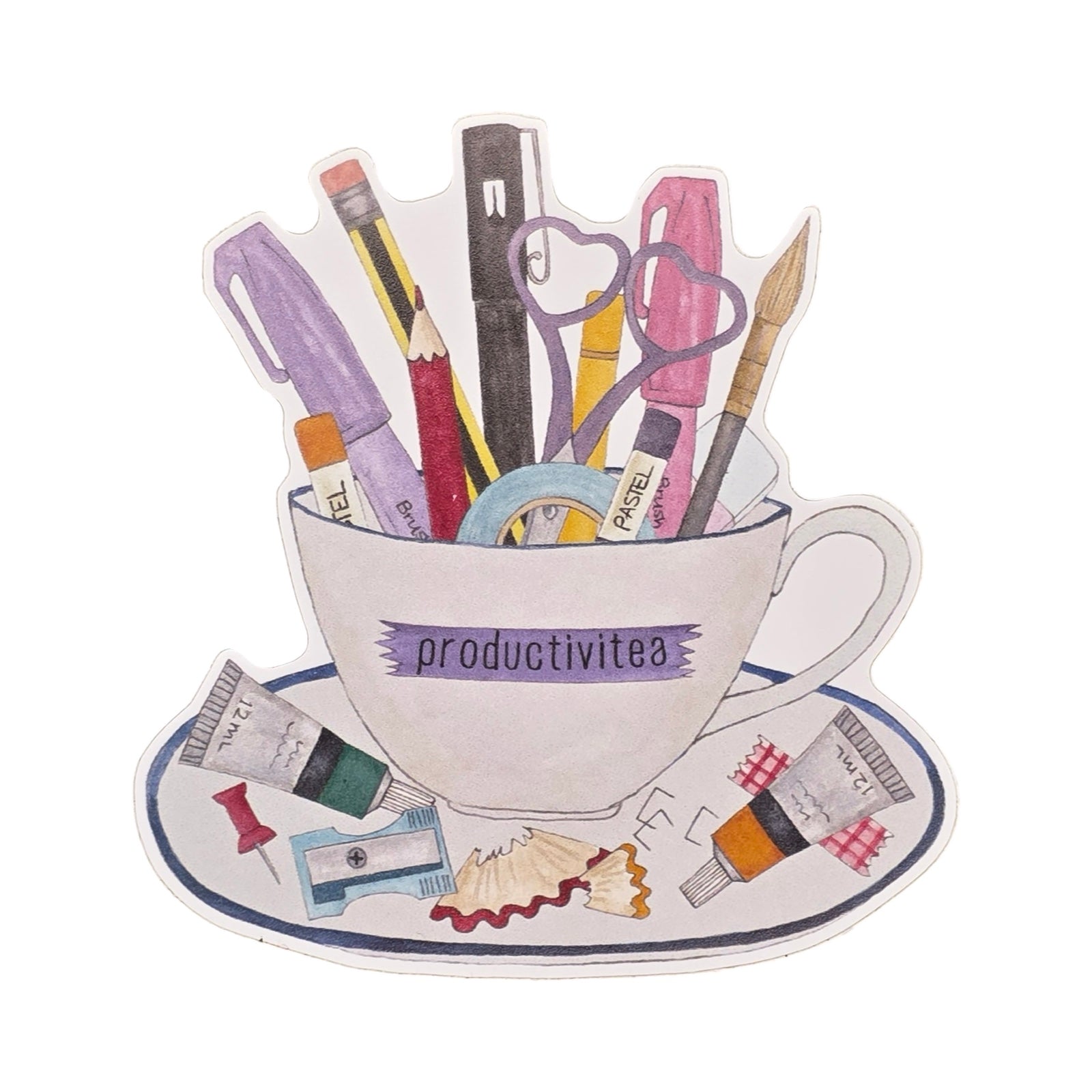 Illustration of a teacup filled with stationery items on a white background.