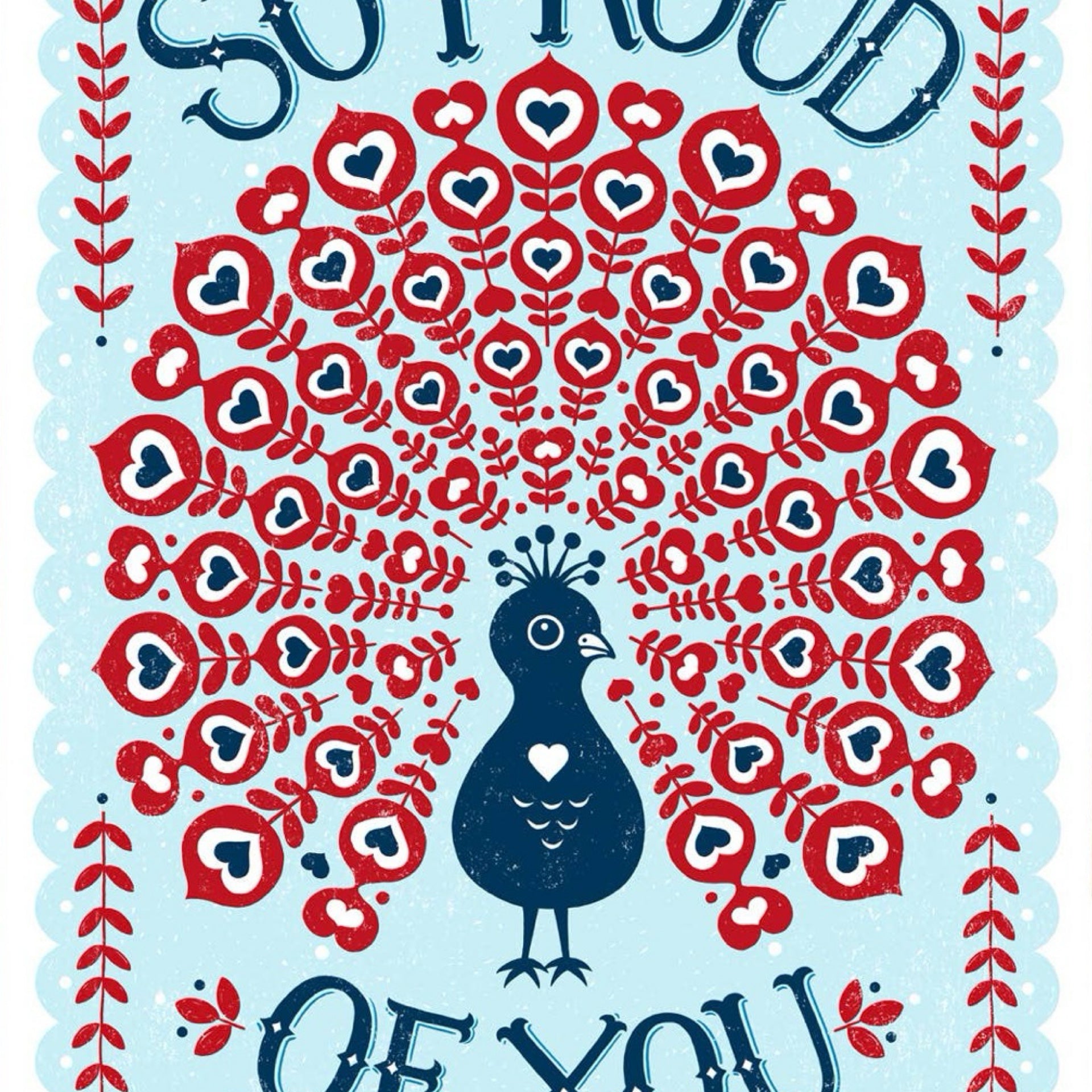 Decorative card with a peacock illustration and floral patterns on a light blue background.