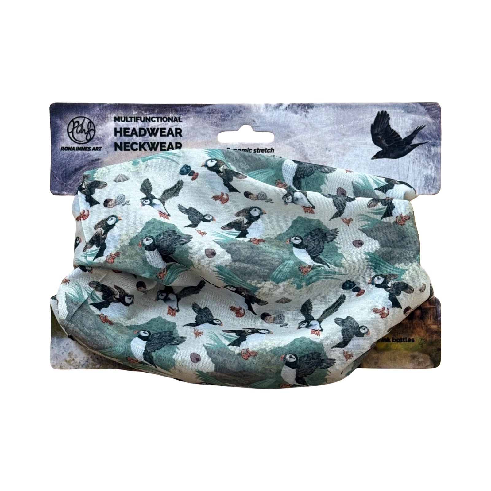 A neck warmer featuring illustrations of flying puffins. 