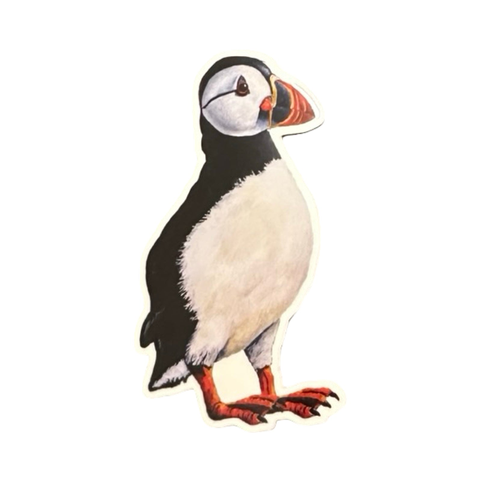 This vinyl puffin-shaped sticker features an illustration of a standing puffin facing to the right. 