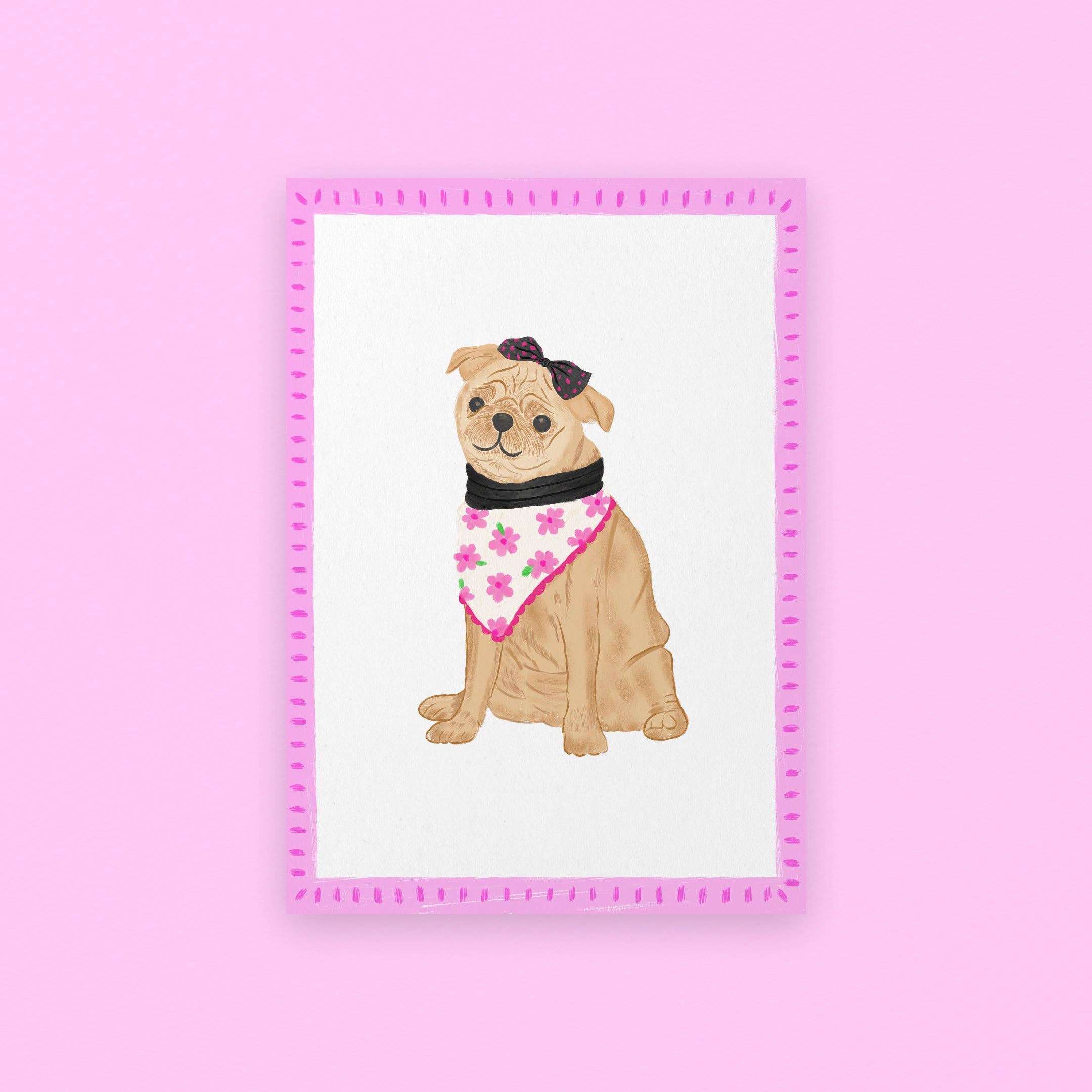 Illustration of a dog wearing a bandana in a pink frame on a pink background.