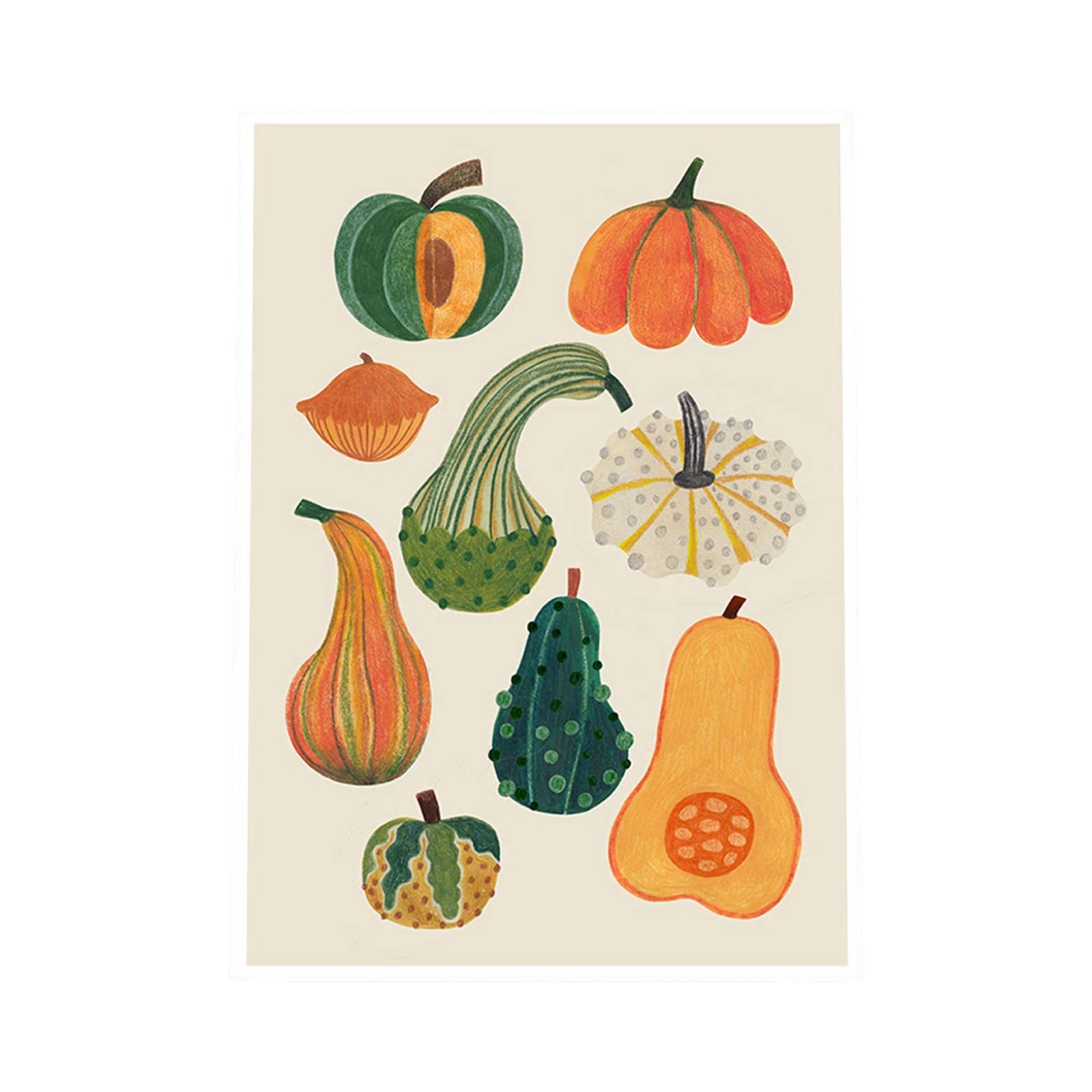 Illustration of various vegetables on a beige background.