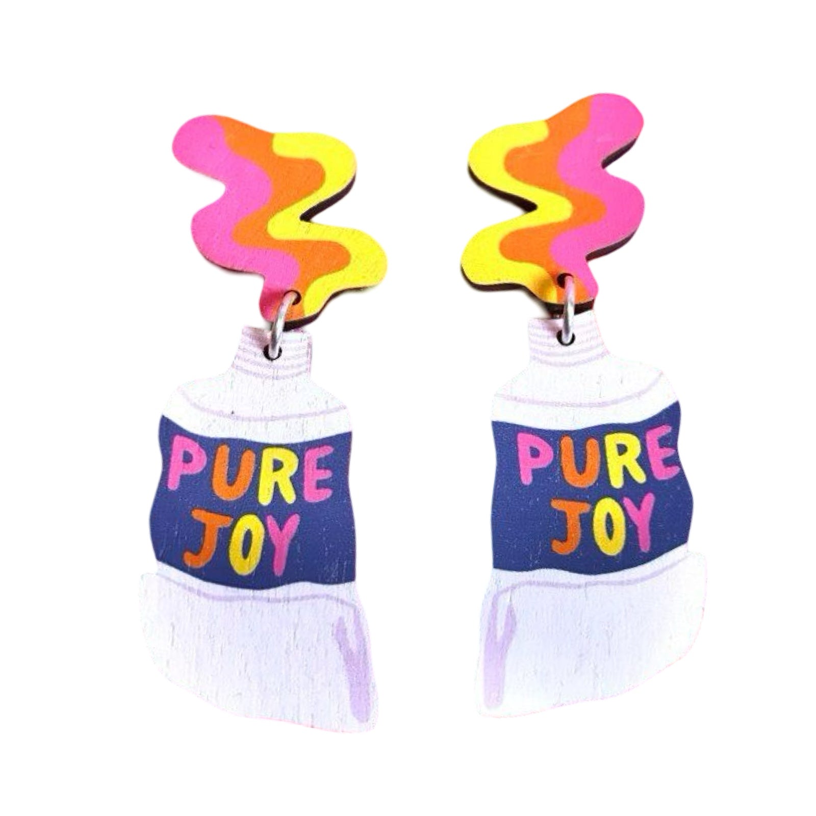 These wooden paint tube earrings feature yellow, orange and pink paint being squeezed out of a white tube of paint with the multicoloured text 'Pure Joy' in the centre of the tubes.