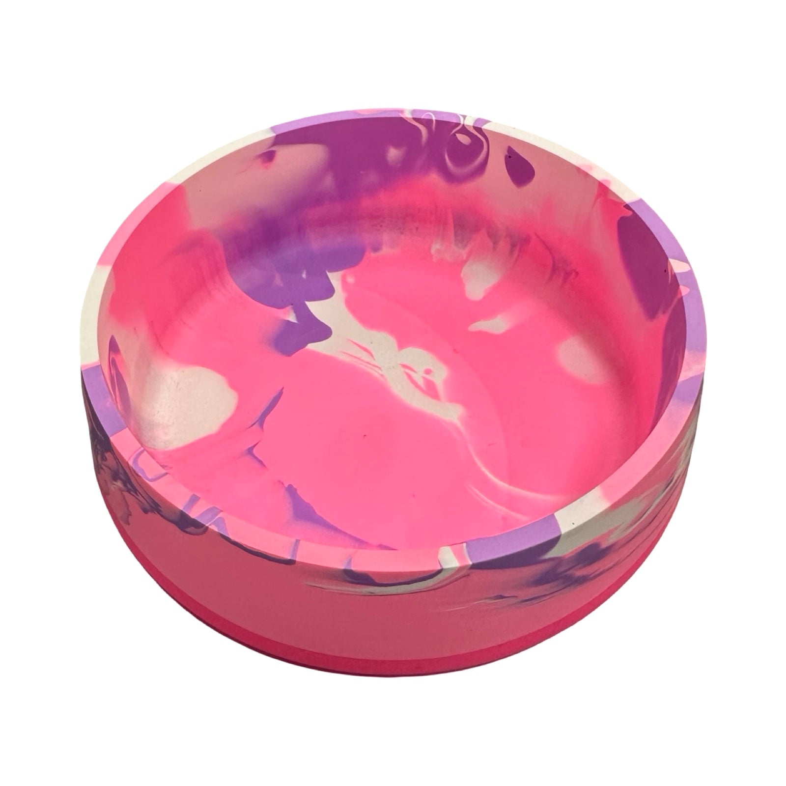 Pink and purple marbled bowl on a white background.
