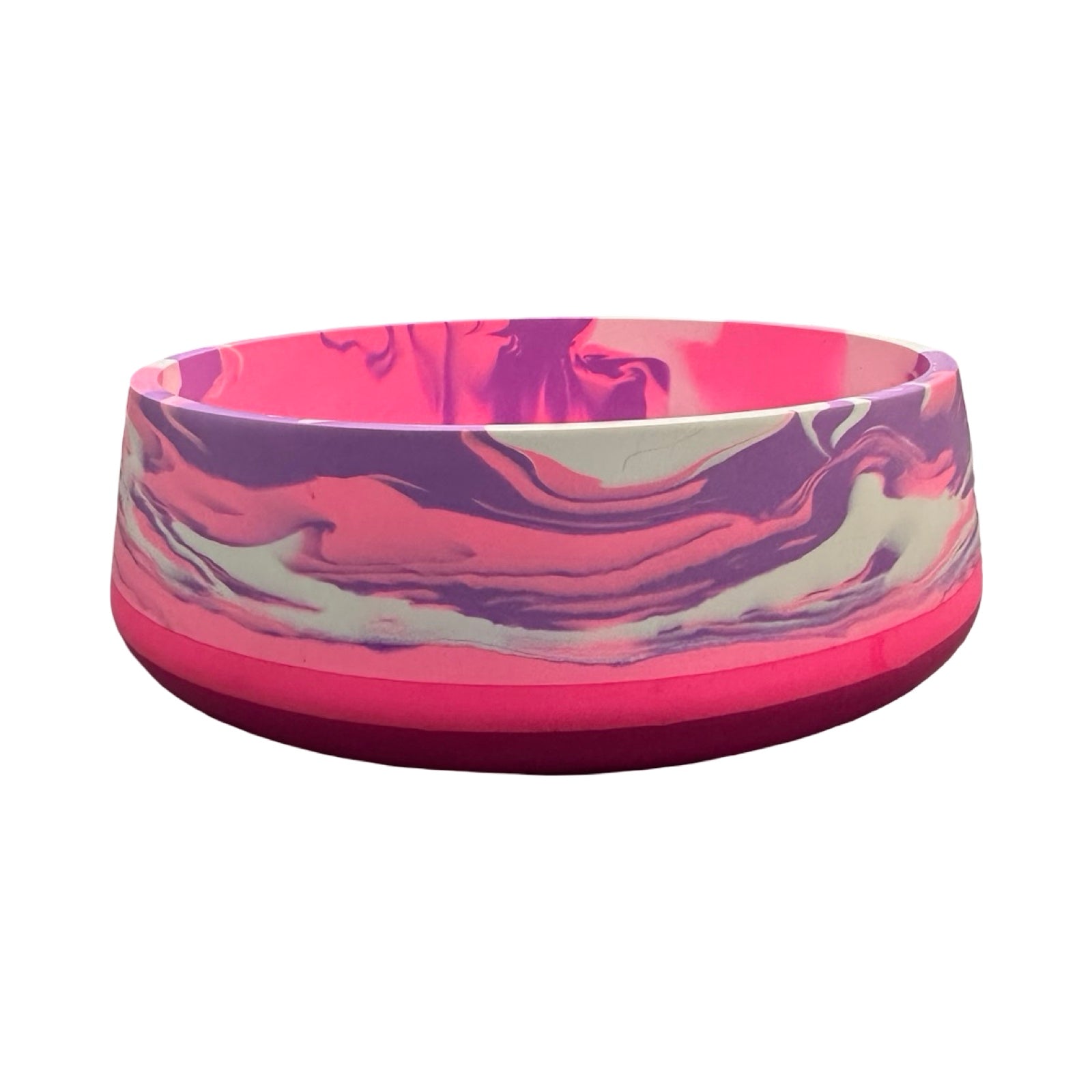 Marbled pink and purple bowl on a white background.