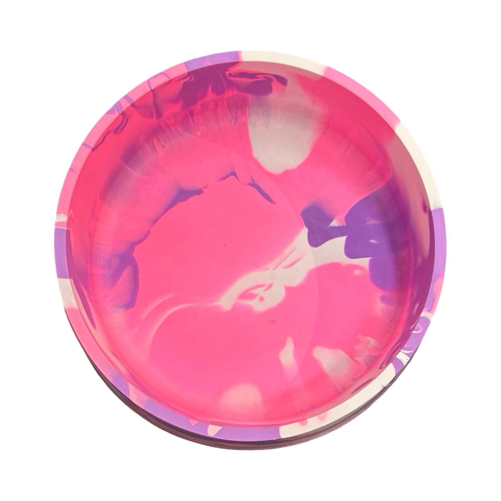 Pink and purple marbled bowl on a white background.