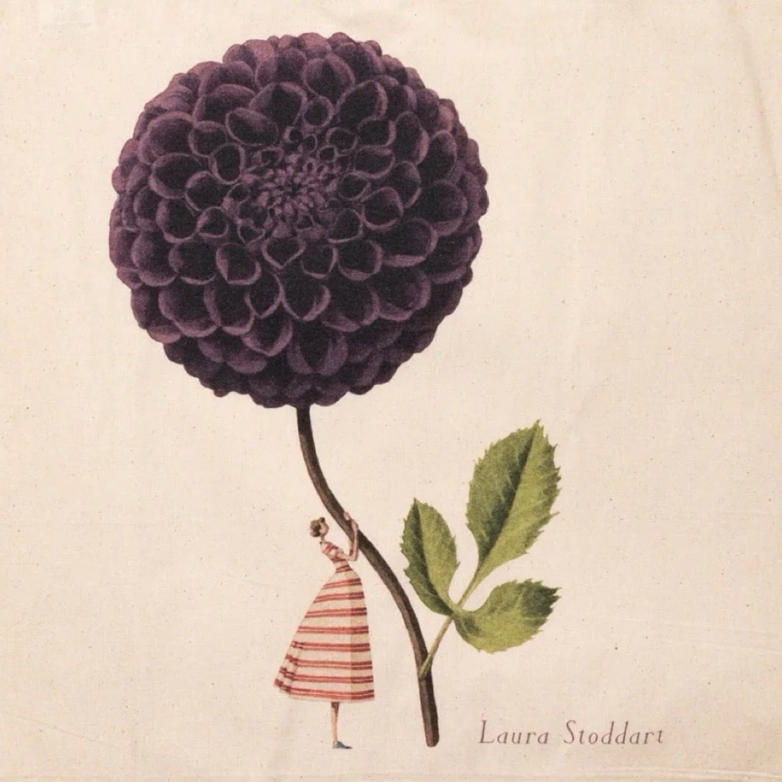 Illustration of a purple flower with a small figure in a striped dress holding onto it, on a beige background.