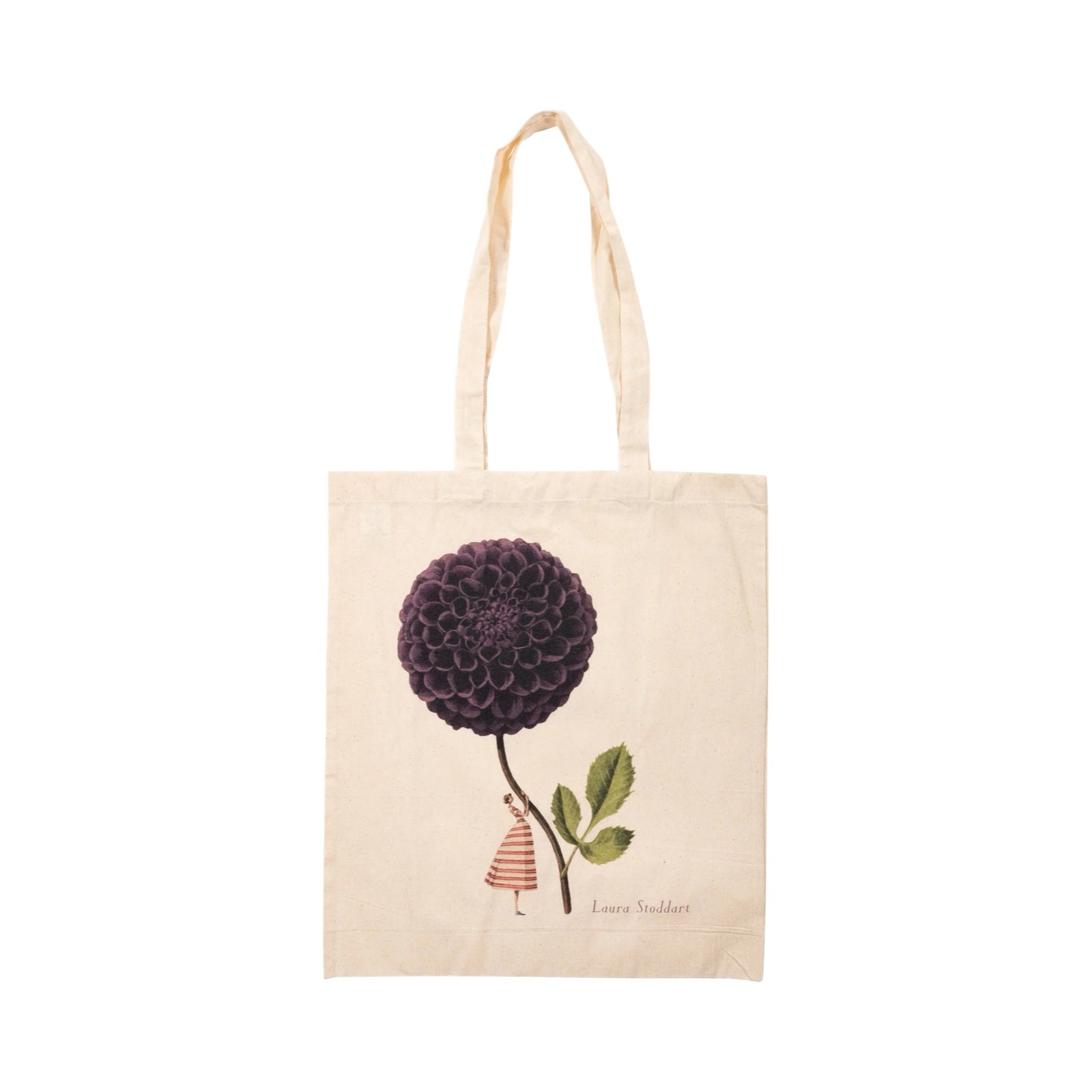 Tote bag with a purple flower and small figure design on a white background.