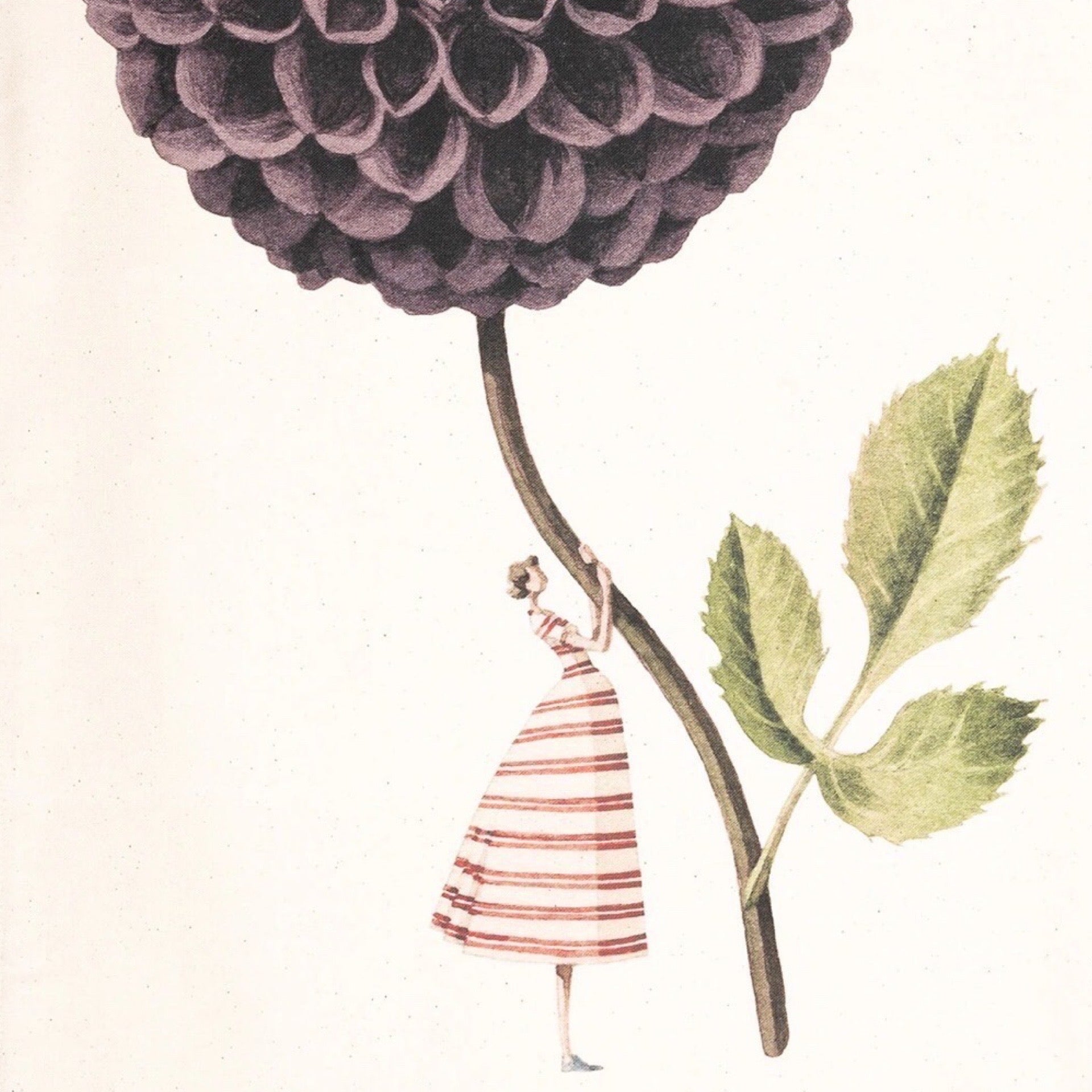 Illustration of a small figure in a striped dress standing next to a large purple flower.