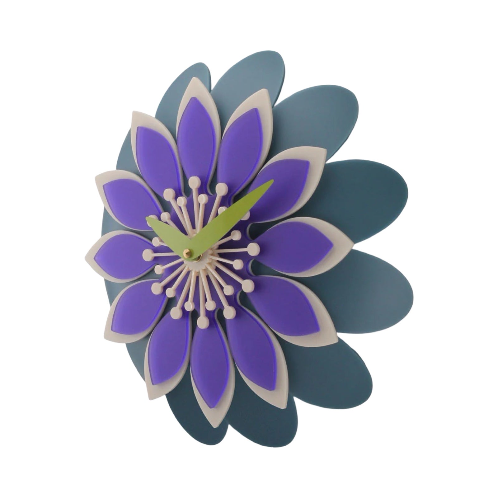 Floral clock with purple and blue petals on a white background.