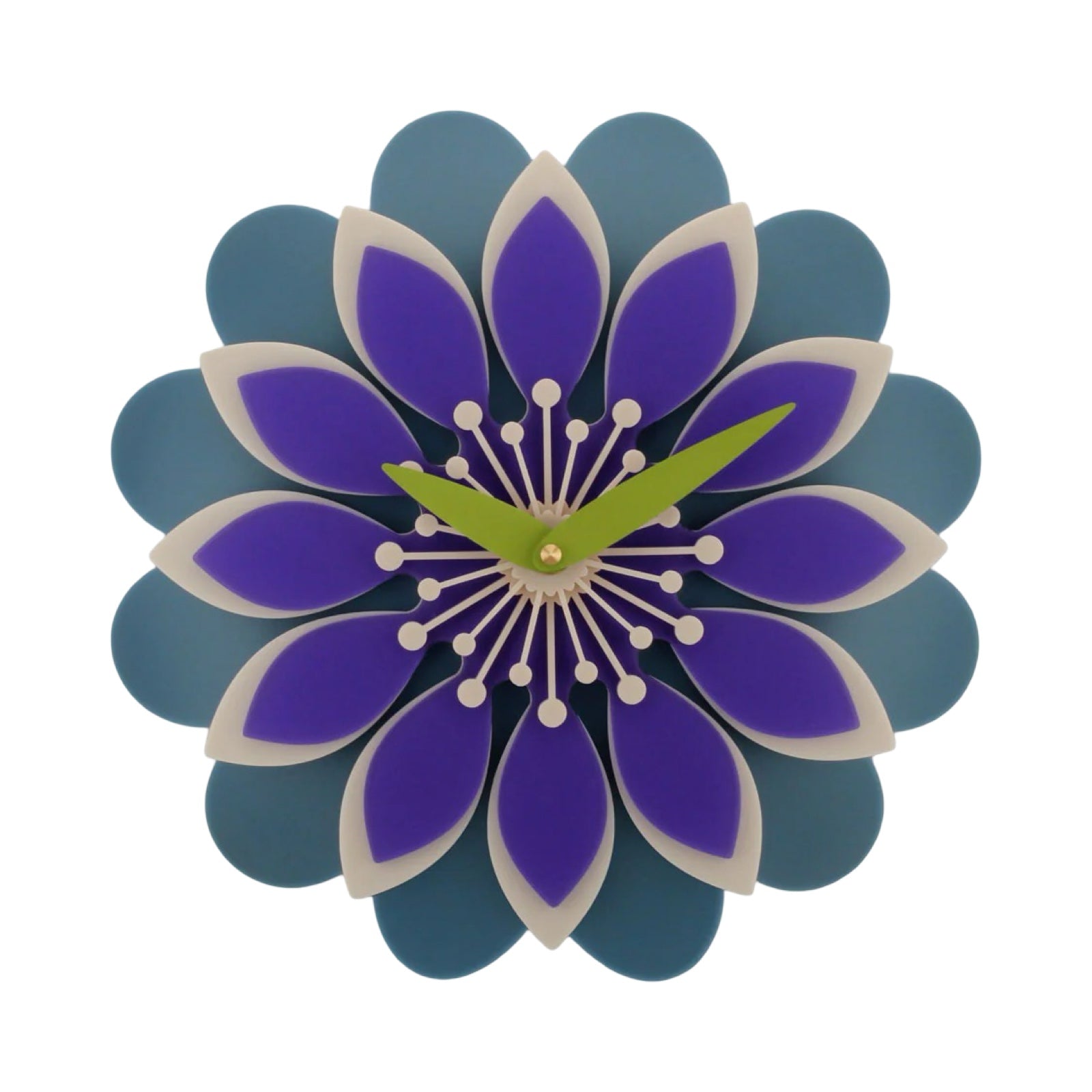 Decorative wall clock with a floral design featuring purple and blue petals on a white background.