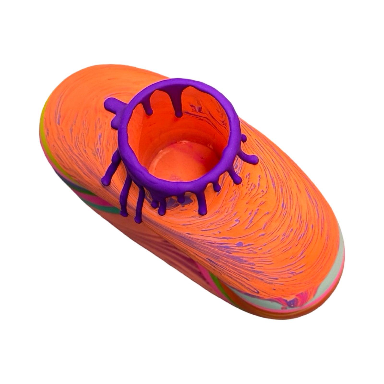 Orange vase with purple interior and sole on a white background.