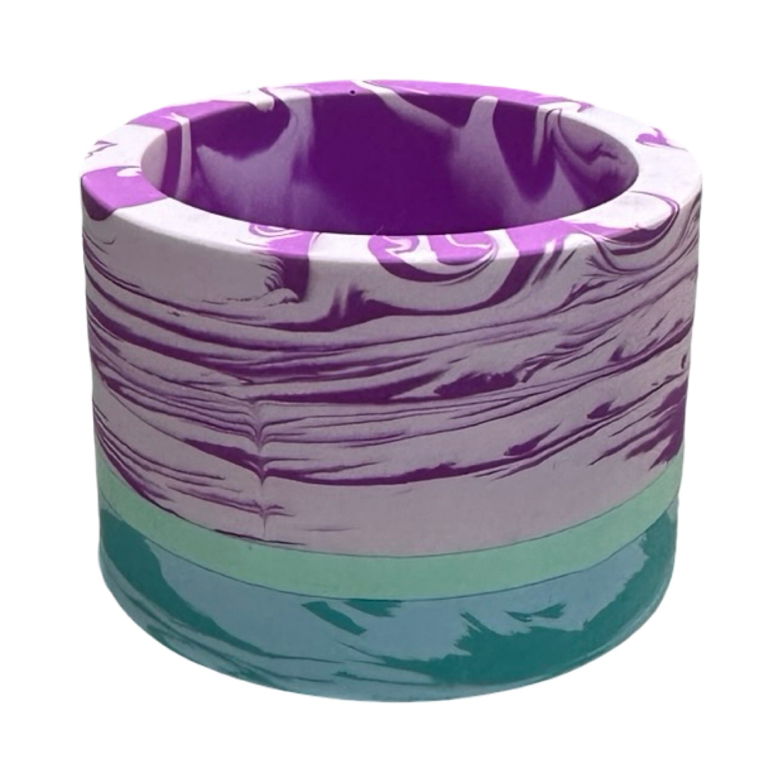 Marbled purple and white pot with a green base on a white background.