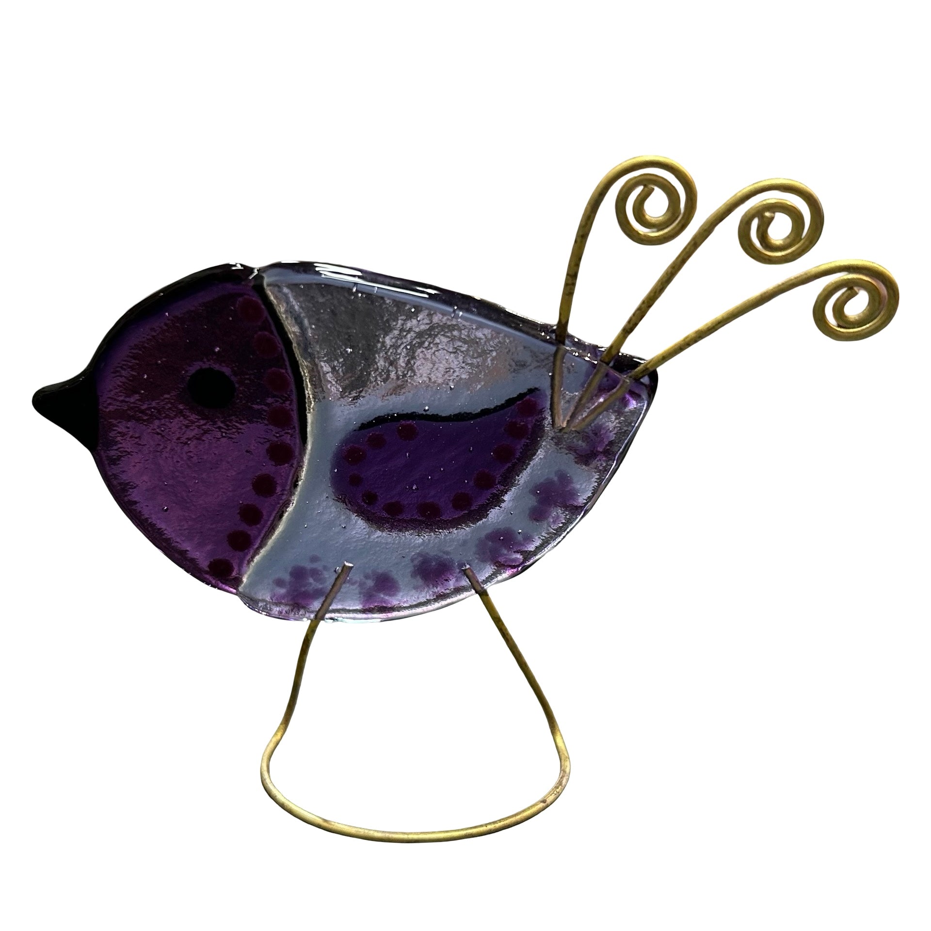 Decorative glass bird with gold accents on a white background.