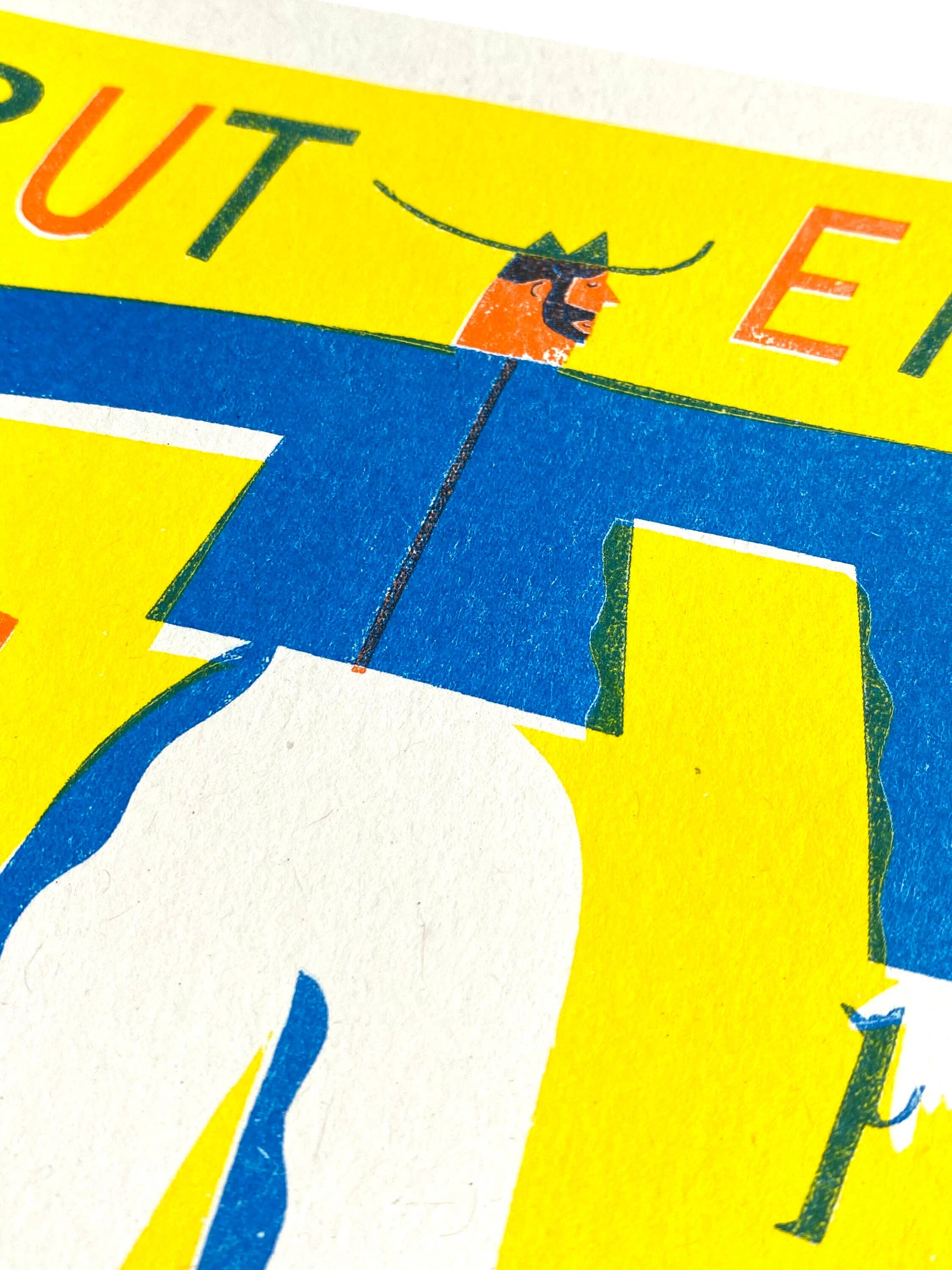 Three-colour risograph print featuring a cowboy wearing a blue shirt and white trousers with the text 'Put Em Up', all against a yellow background.