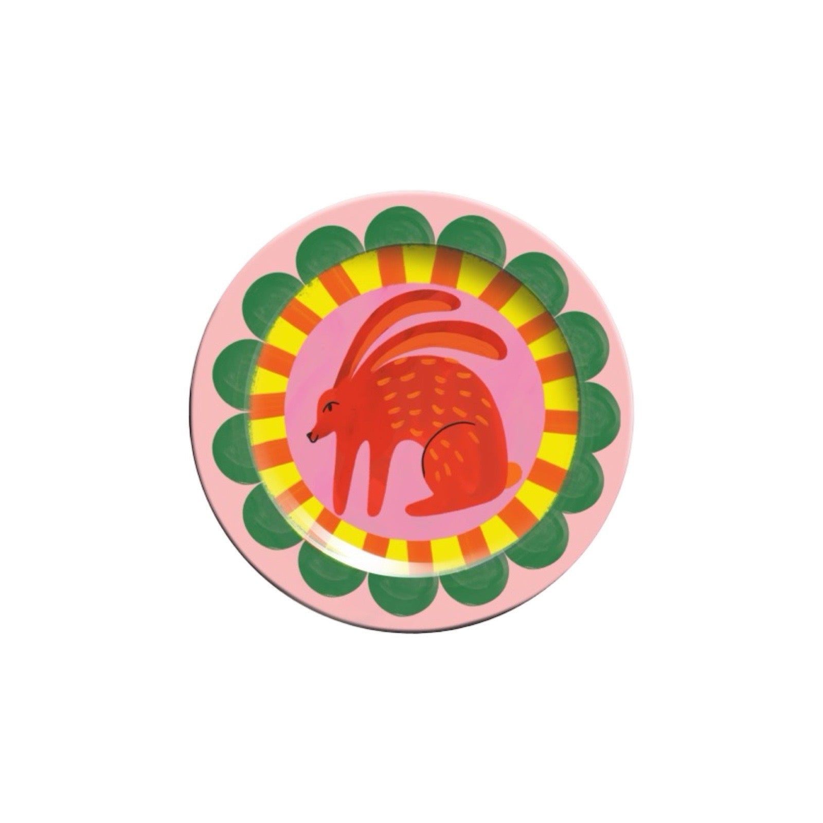 Colourful children's plate with a red rabbit design on a multicoloured background.
