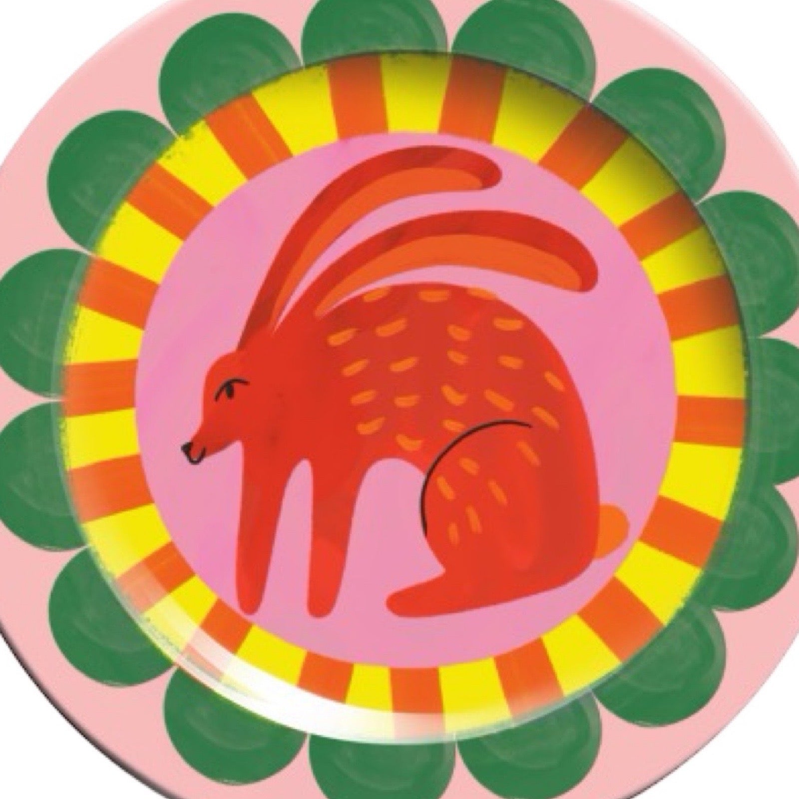 Colourful children's plate with a red rabbit design on a multicoloured background.