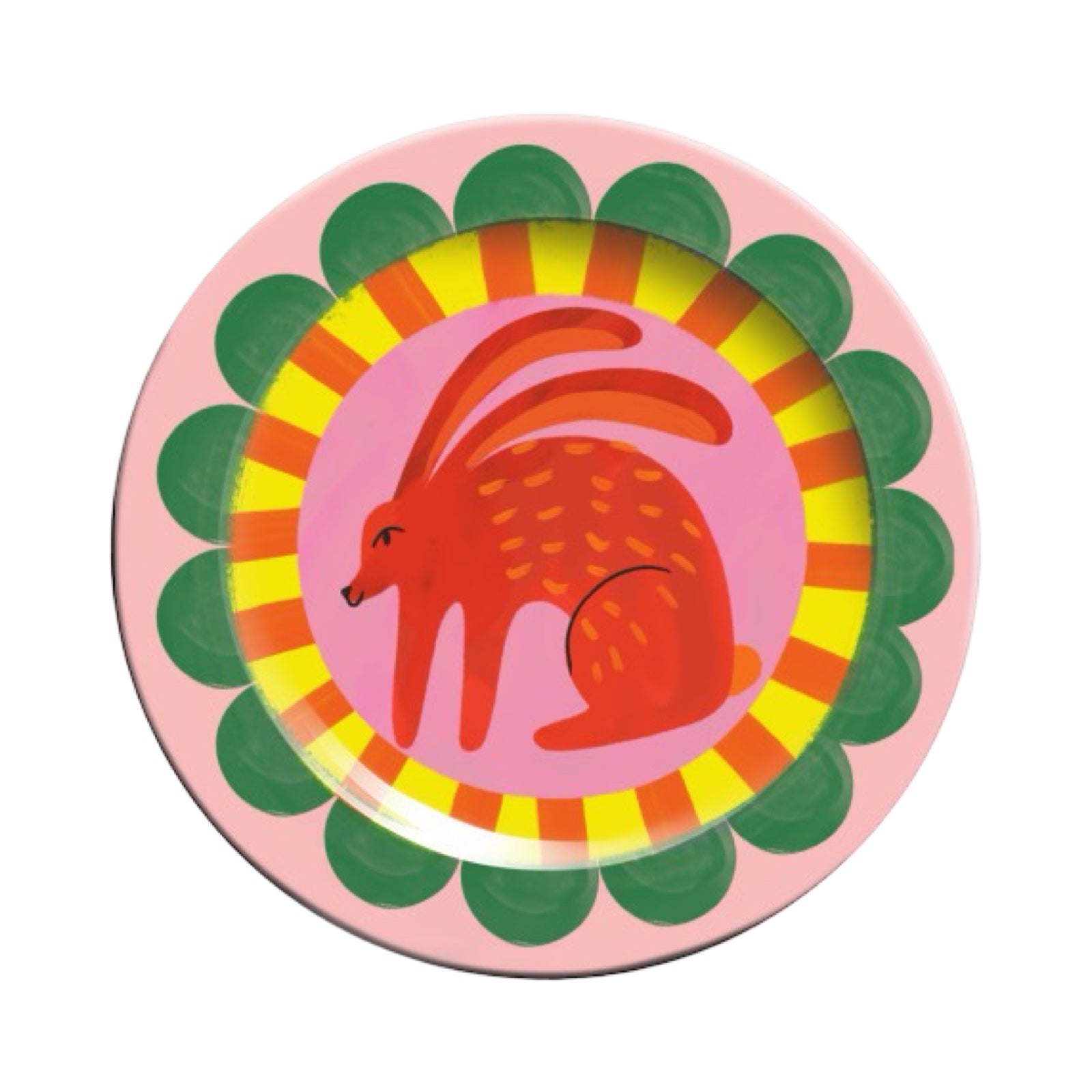 Colourful children's plate with a red rabbit design on a multicoloured background.