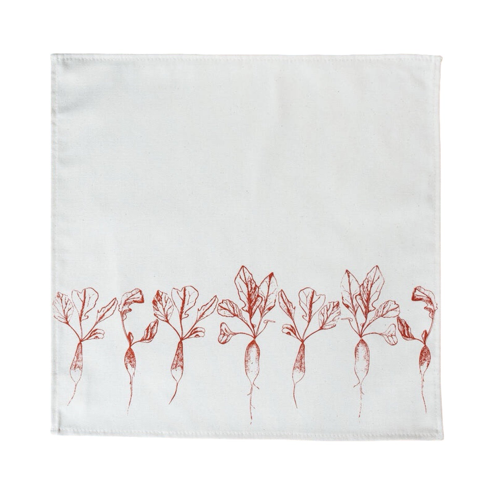 Screen-printed cream serviette featuring an original illustration of a red radish.