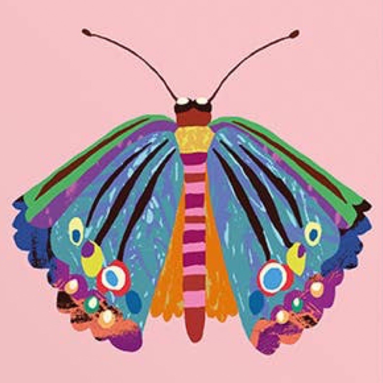 A colourful butterfly illustration centred on a solid pink background. The butterfly has blue, green, purple, orange, yellow, and black details, with circular eye-like patterns near the lower wings.