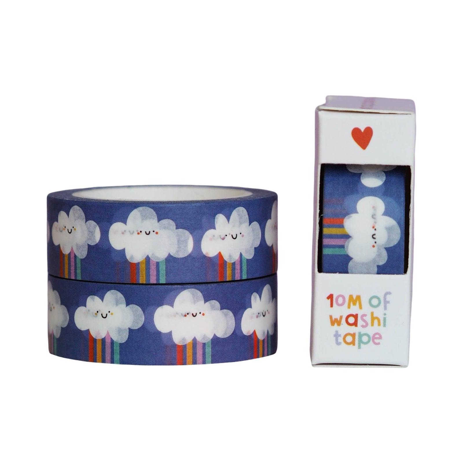 Washi tape with cloud and rainbow design and its packaging on a white background.