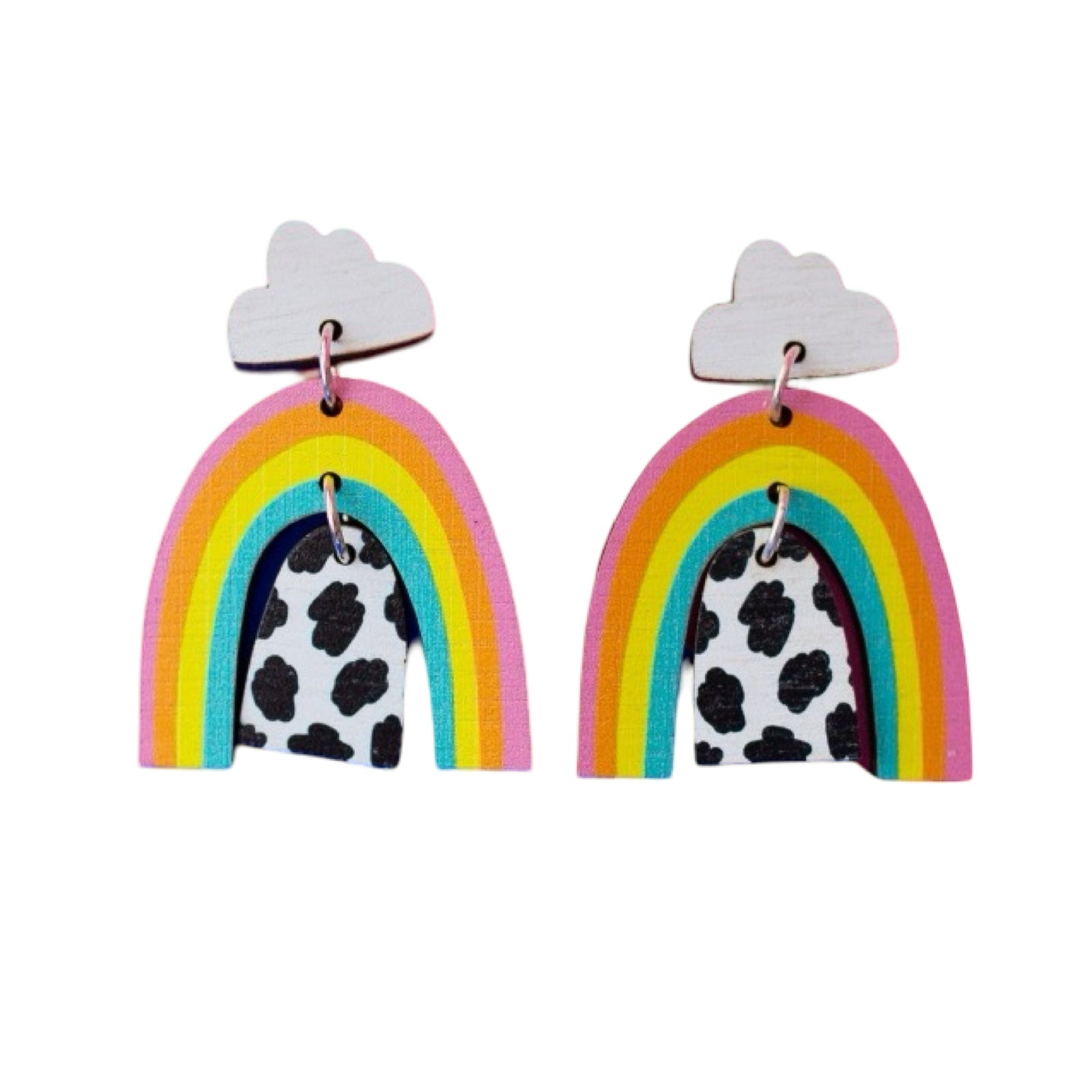 These wooden earrings feature a white cloud stud with a pink, orange, yellow and teal rainbow hanging underneath and a black and white pebble effect arc hanging inside.