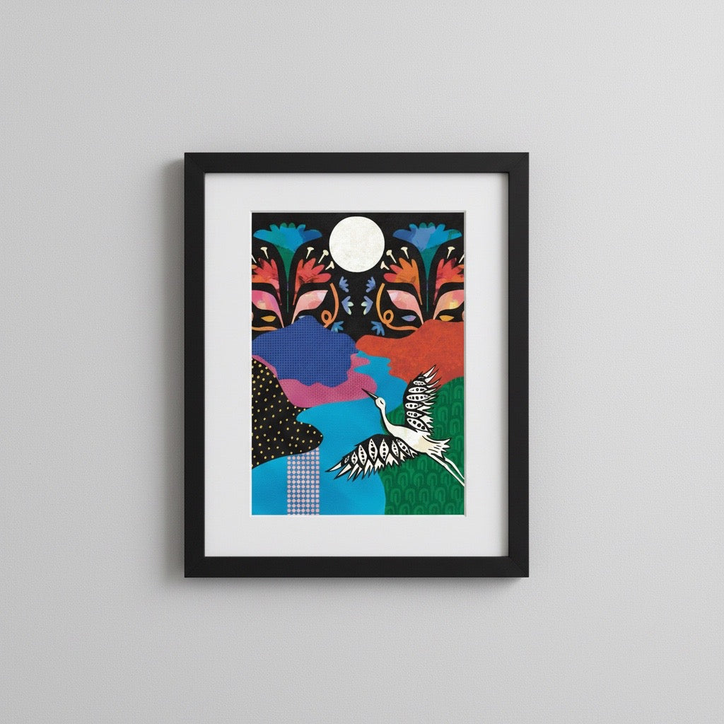 Framed colourful abstract artwork with a bird design on a grey wall.