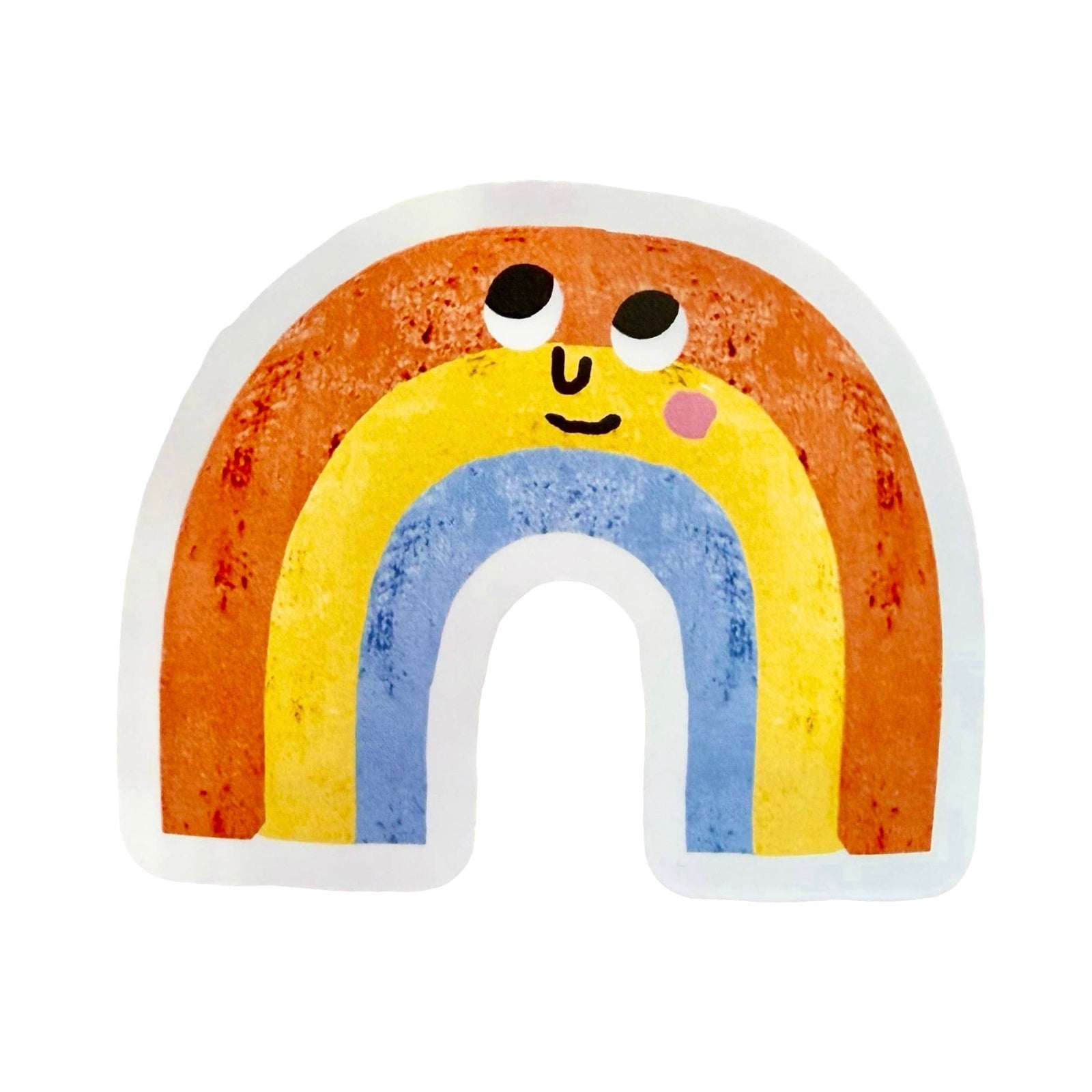 A die-cut sticker featuring a whimsical, textured rainbow with a cute cartoon face. The sticker has a white border and is shown on a clean white background.