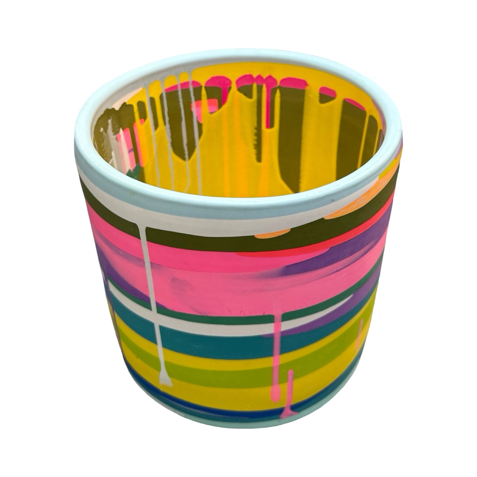Colourful planter with abstract design on a white background.