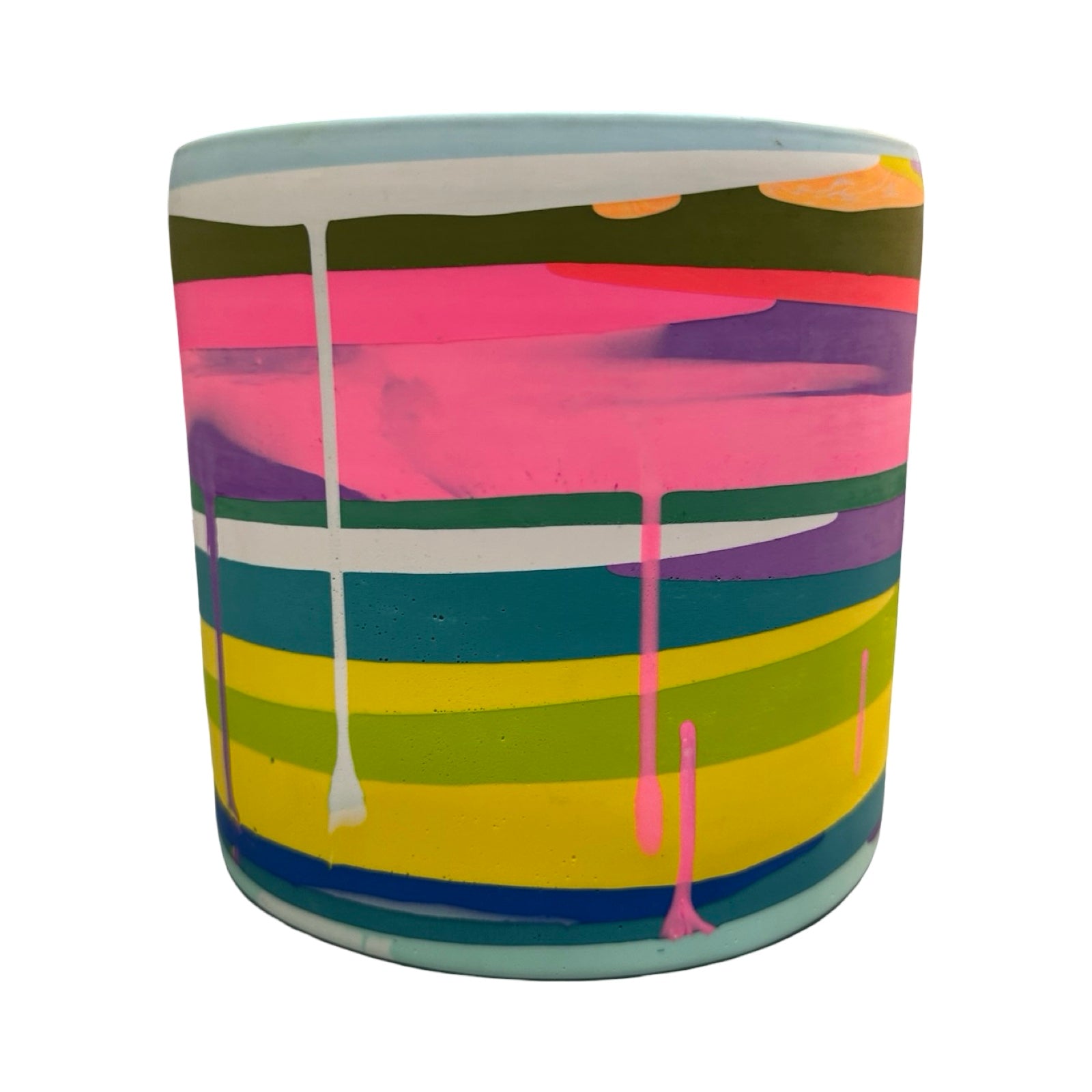 Colourful planter with abstract design on a white background.