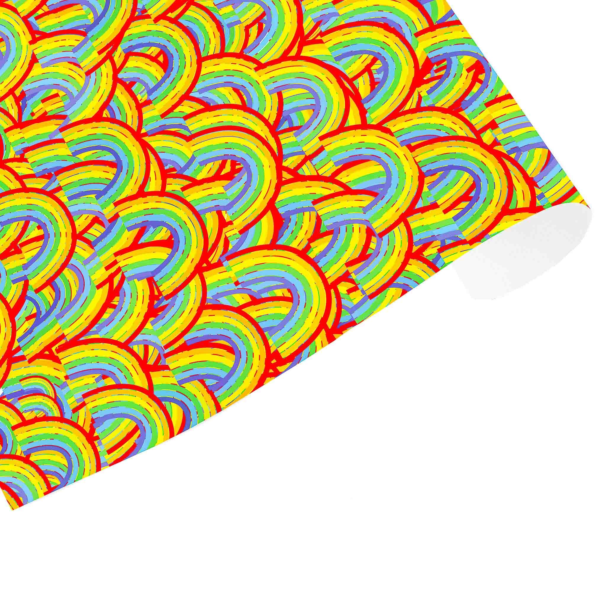 Wrapping paper with a vibrant, multicolored rainbow pattern.